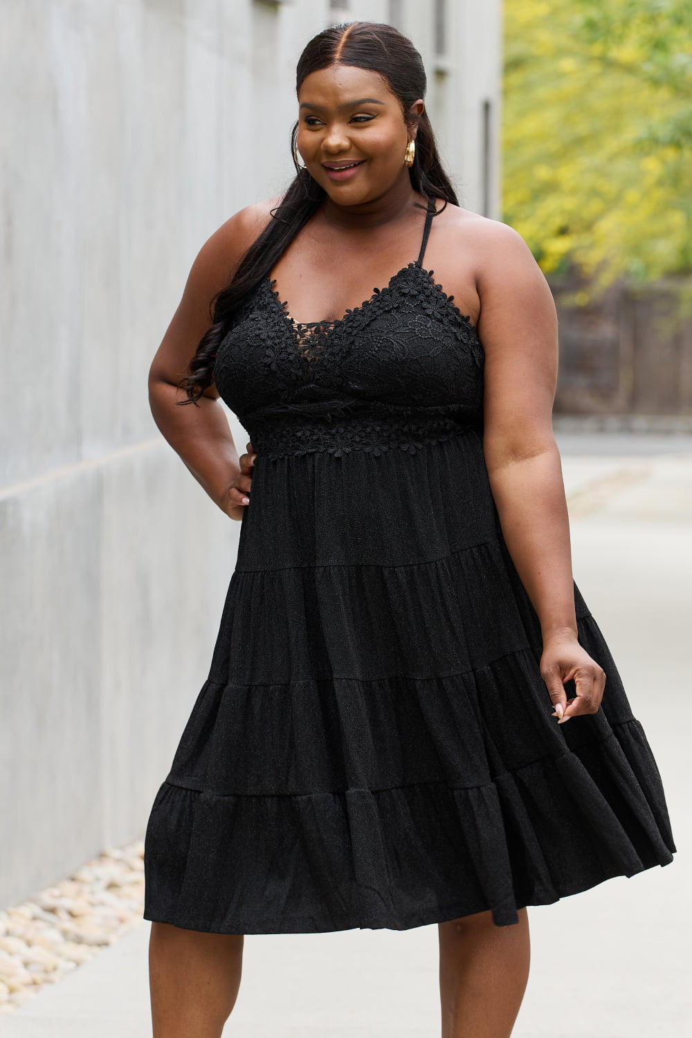 White Birch Full Size Metallic Crochet Lace Detail Midi Dress