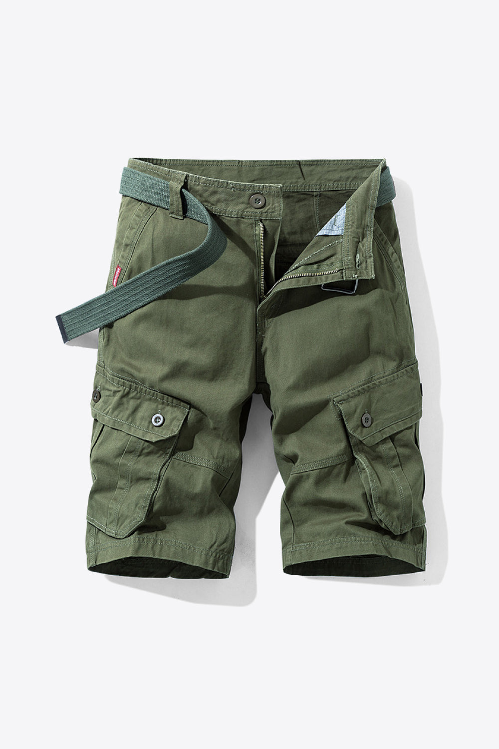 Button and Zip Closure Belted Cargo Shorts