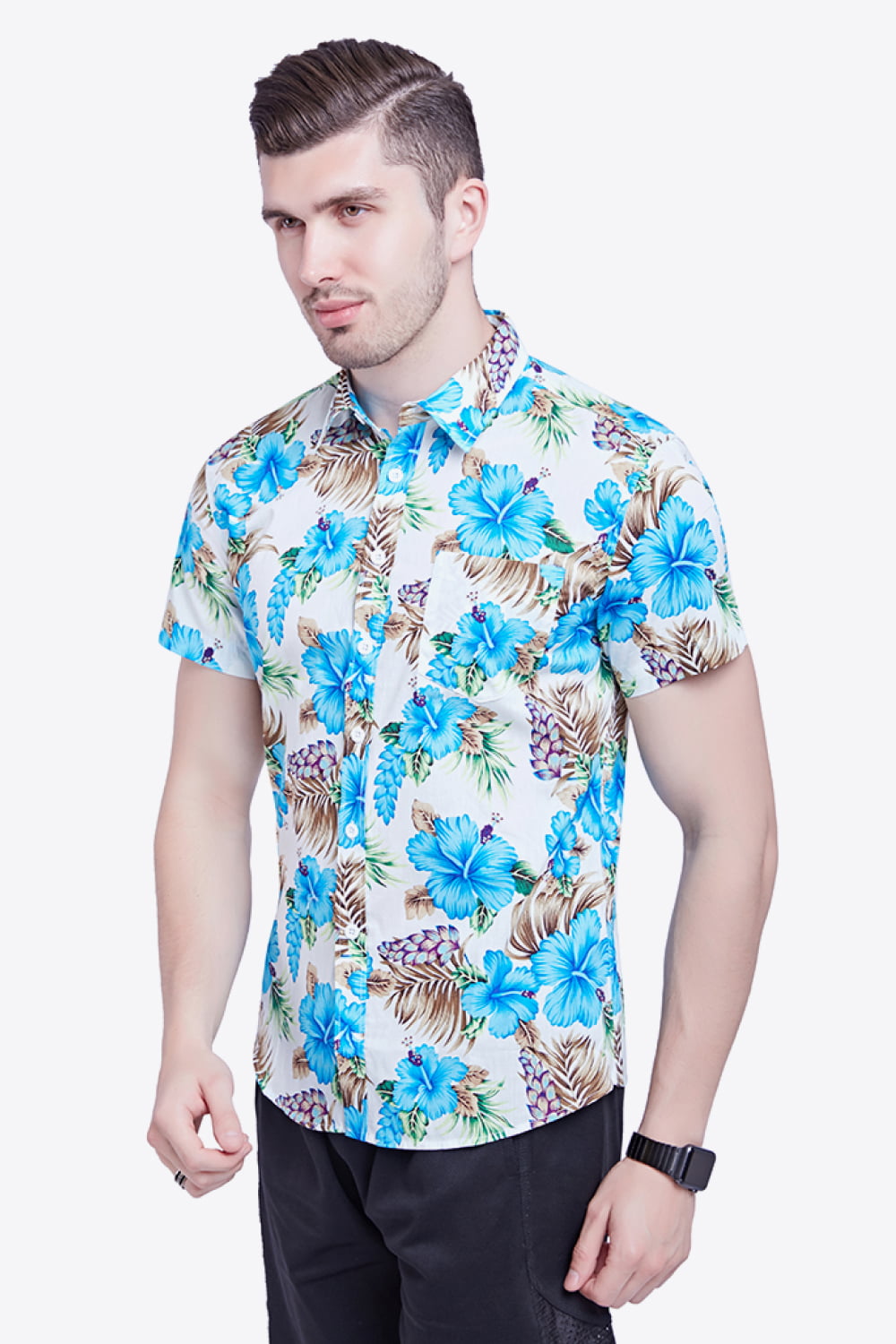 Tropical Pattern Button-Down Vacation Shirt