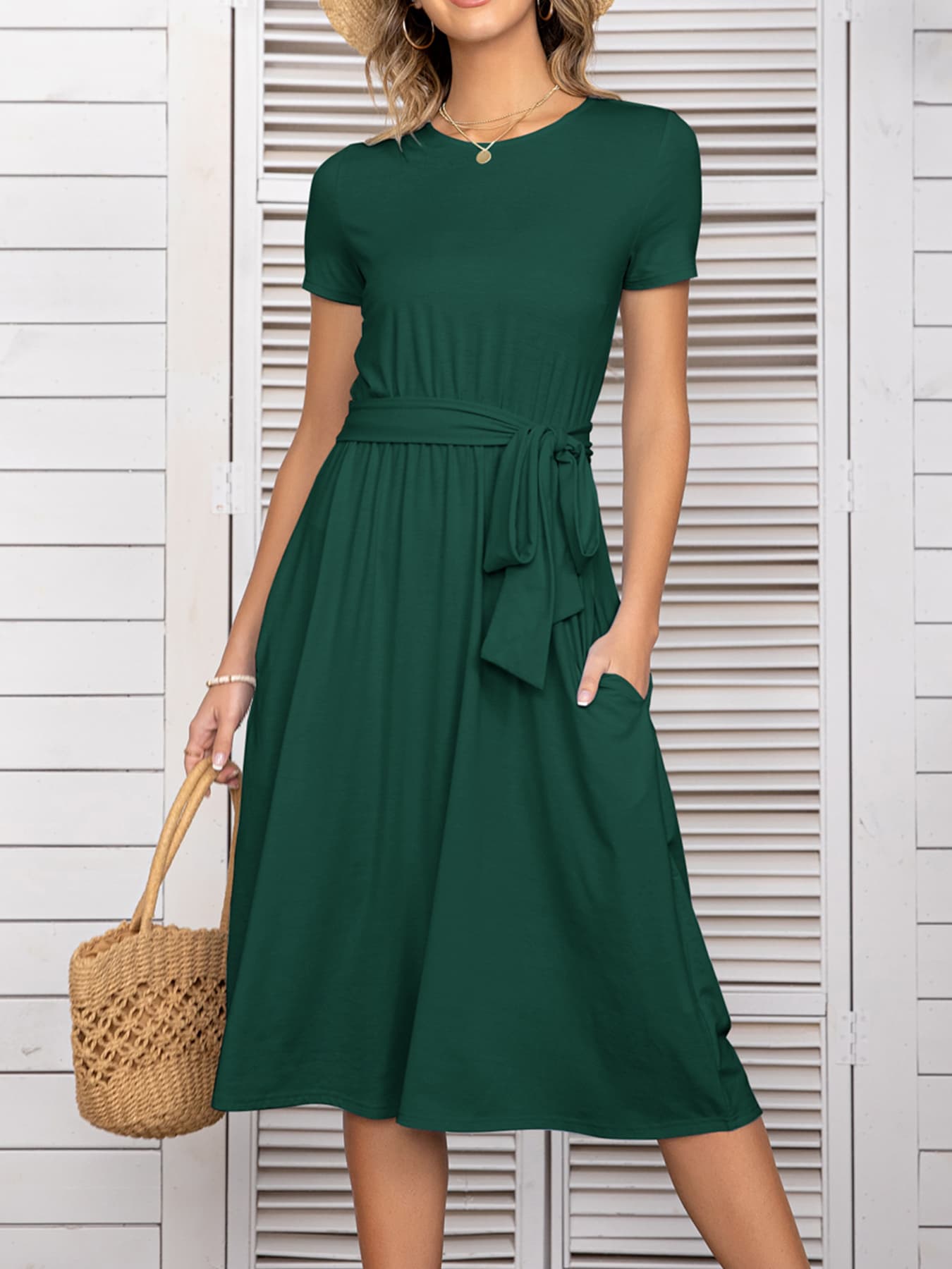 Round Neck Short Sleeve Tie Waist Dress