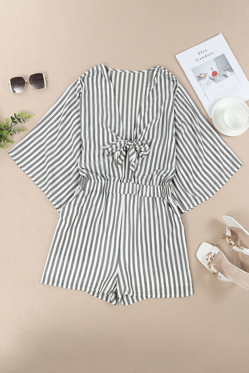 Striped Tie Front Plunge Romper