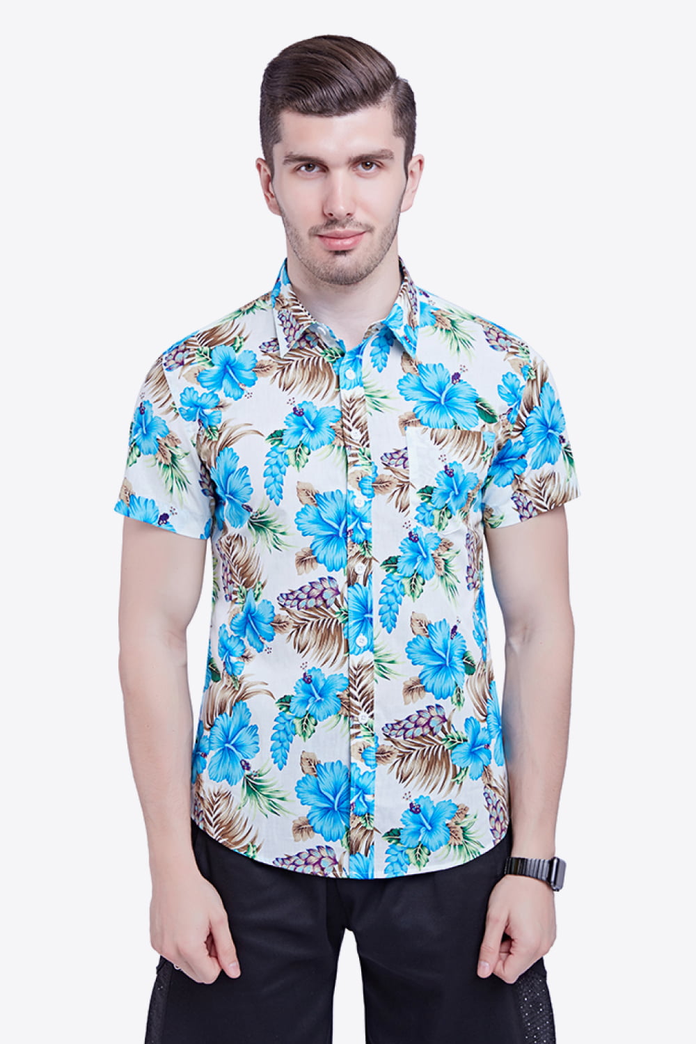 Tropical Pattern Button-Down Vacation Shirt