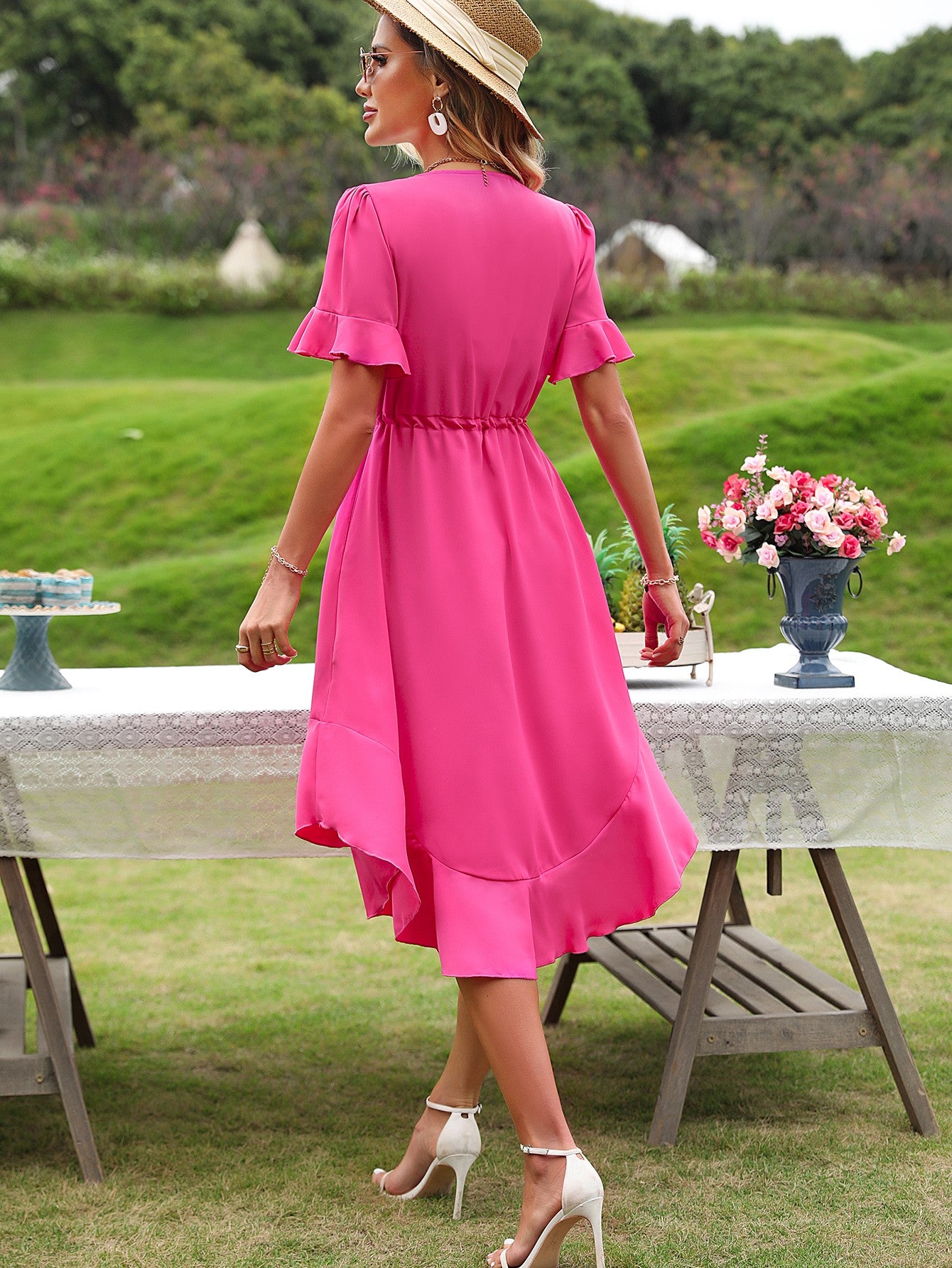 Decorative Button Drawstring Waist Flounce Sleeve Dress