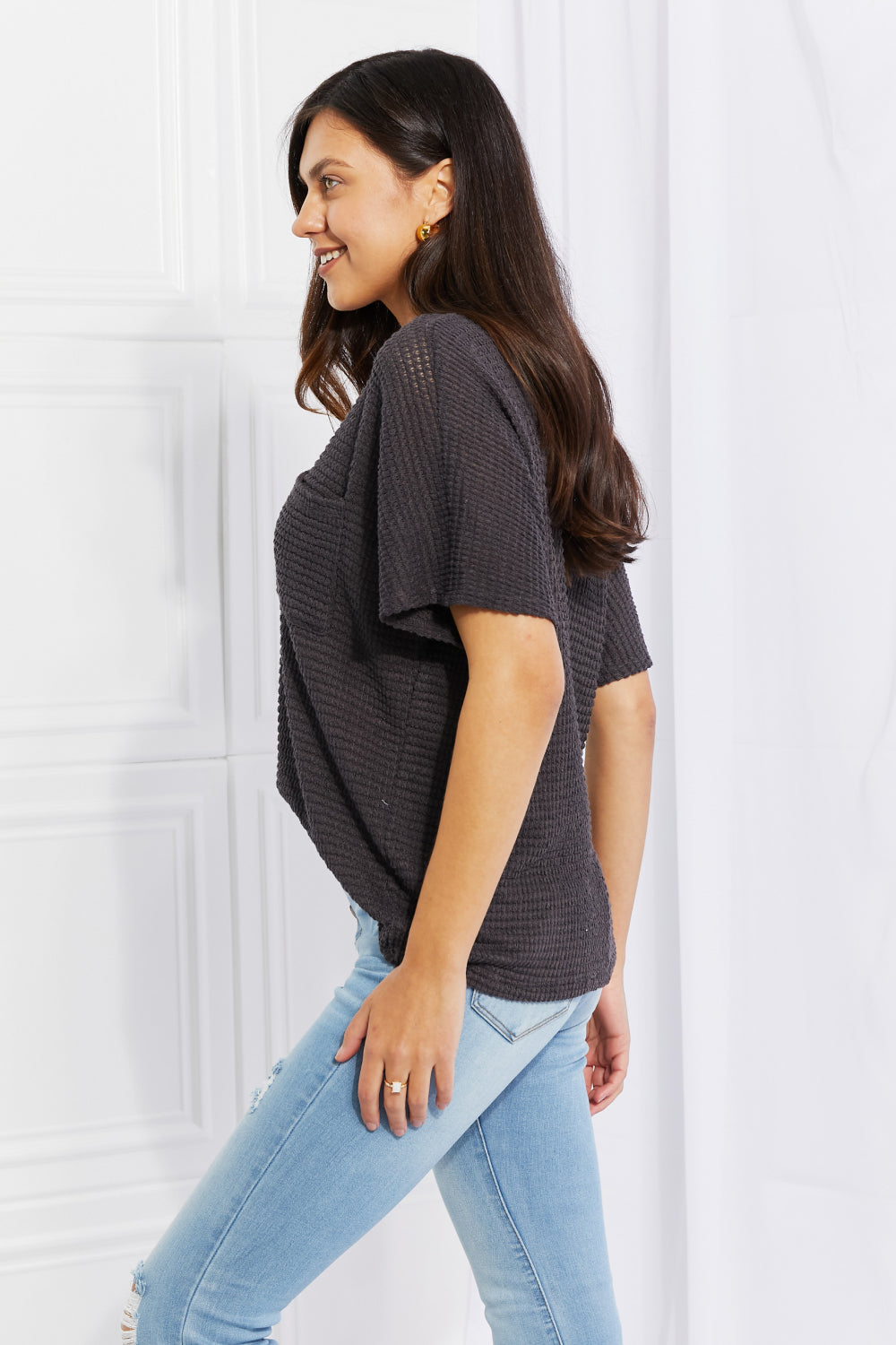 Zenana Full Size Spring It On Keyhole Jacquard Sweater in Gray