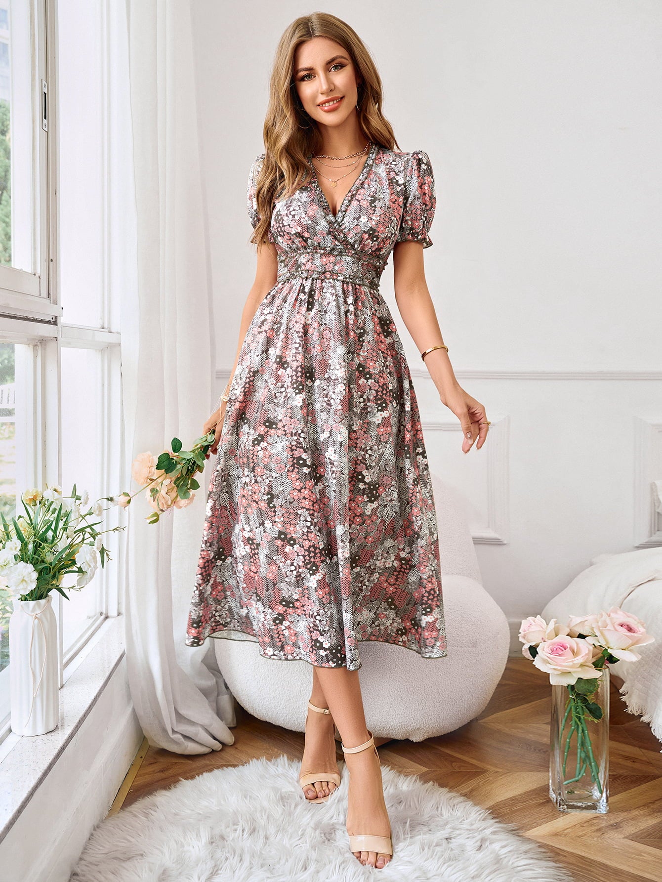 Floral Frill Trim V-Neck Flounce Sleeve Dress