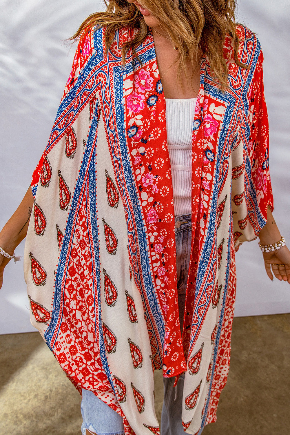 Printed Dolman Sleeve Open Front Kimono