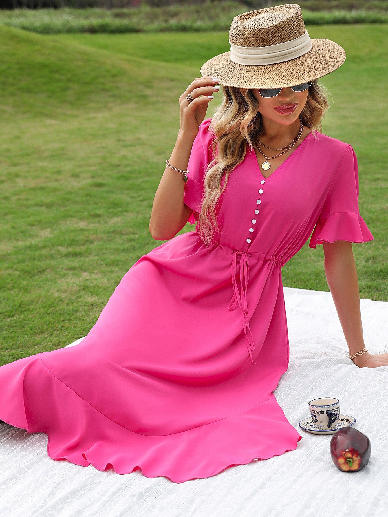 Decorative Button Drawstring Waist Flounce Sleeve Dress