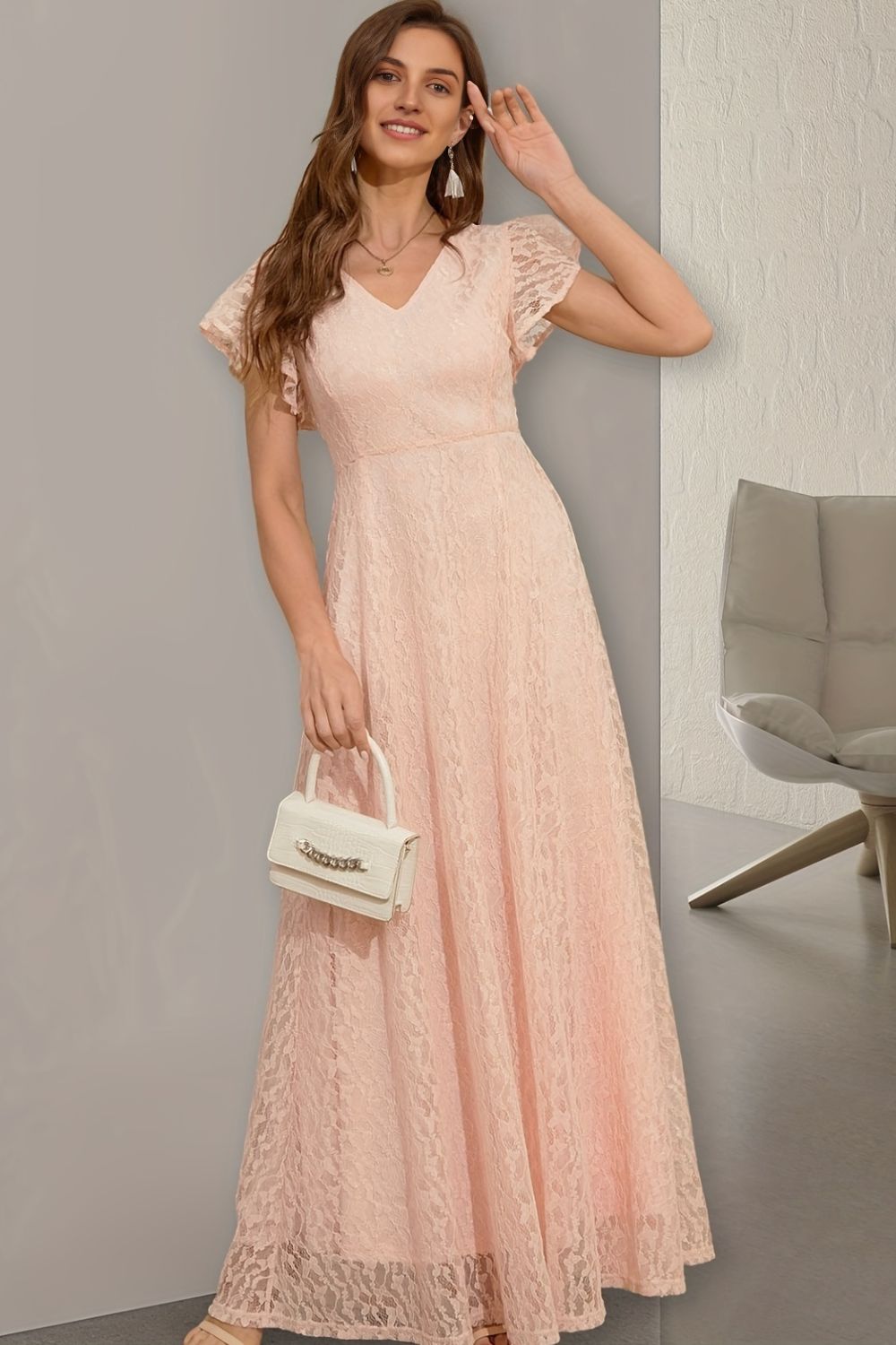 V-Neck Flutter Sleeve Maxi Dress