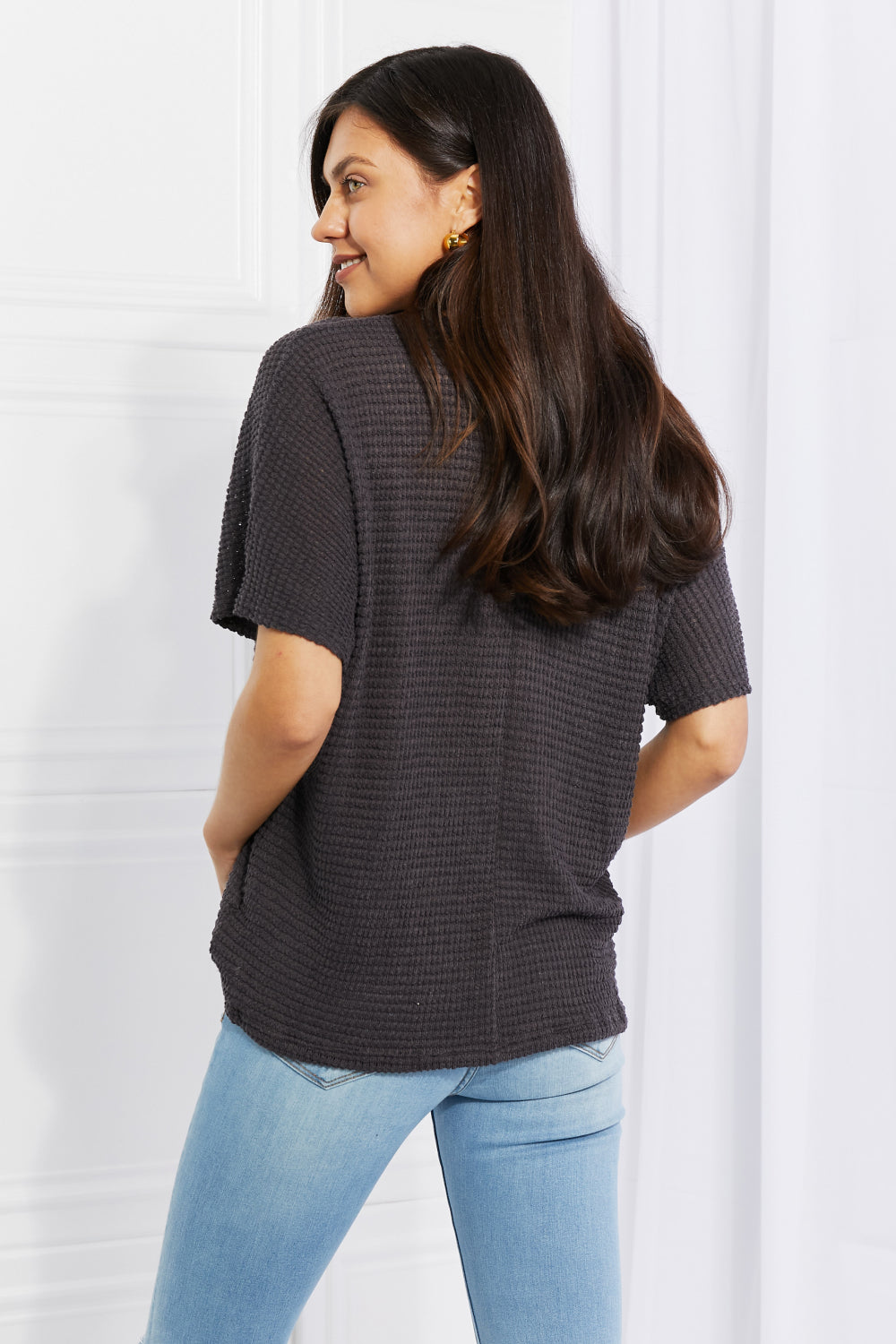 Zenana Full Size Spring It On Keyhole Jacquard Sweater in Gray