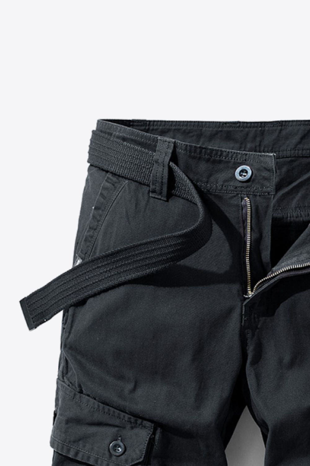 Button and Zip Closure Belted Cargo Shorts