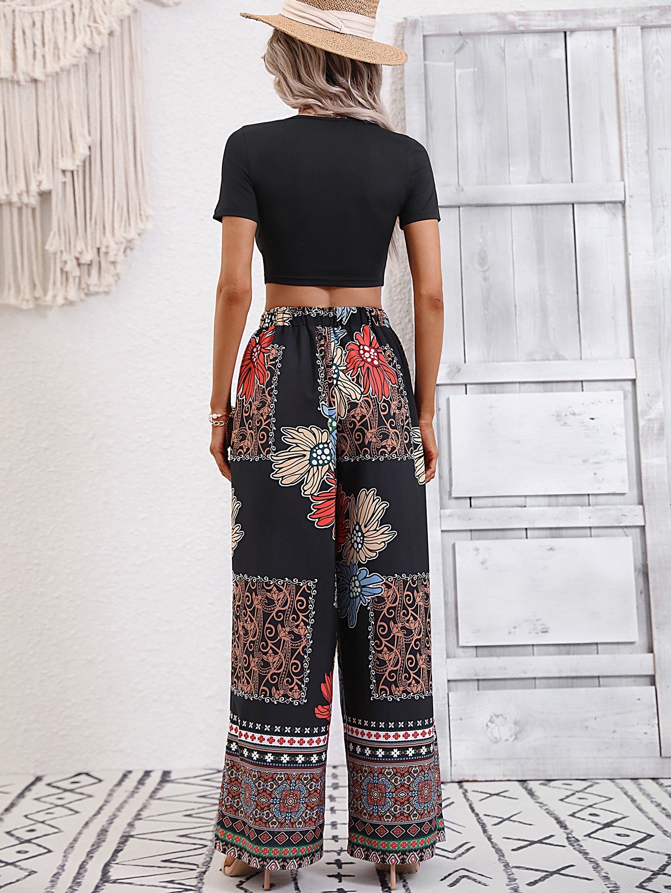 Cropped Tee and Floral Wide Leg Pants Set