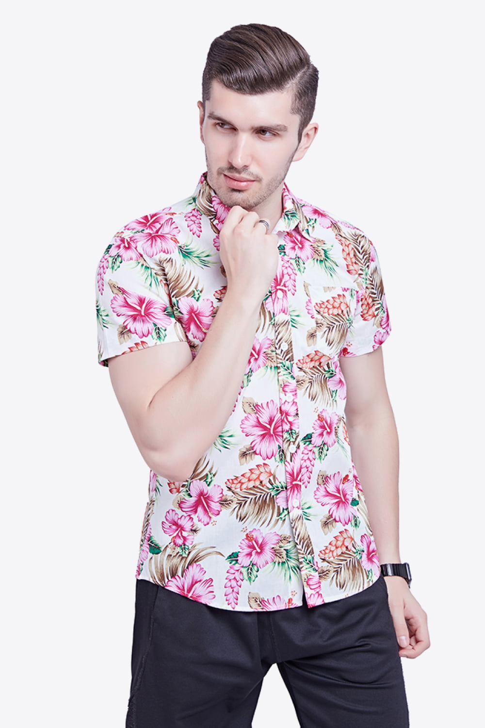 Tropical Pattern Button-Down Vacation Shirt