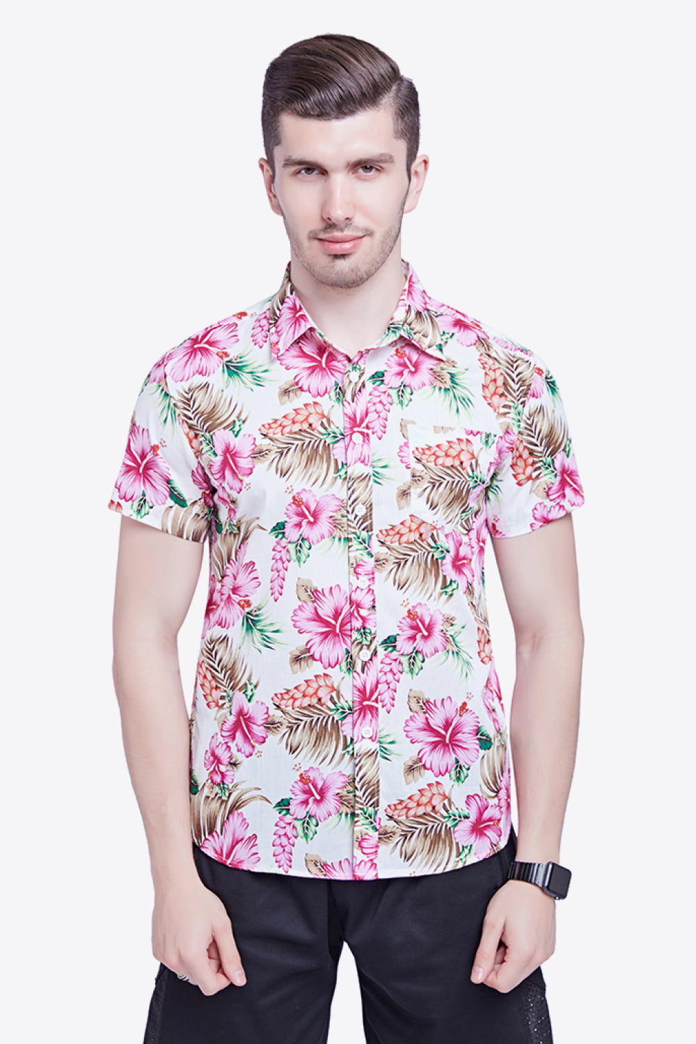 Tropical Pattern Button-Down Vacation Shirt