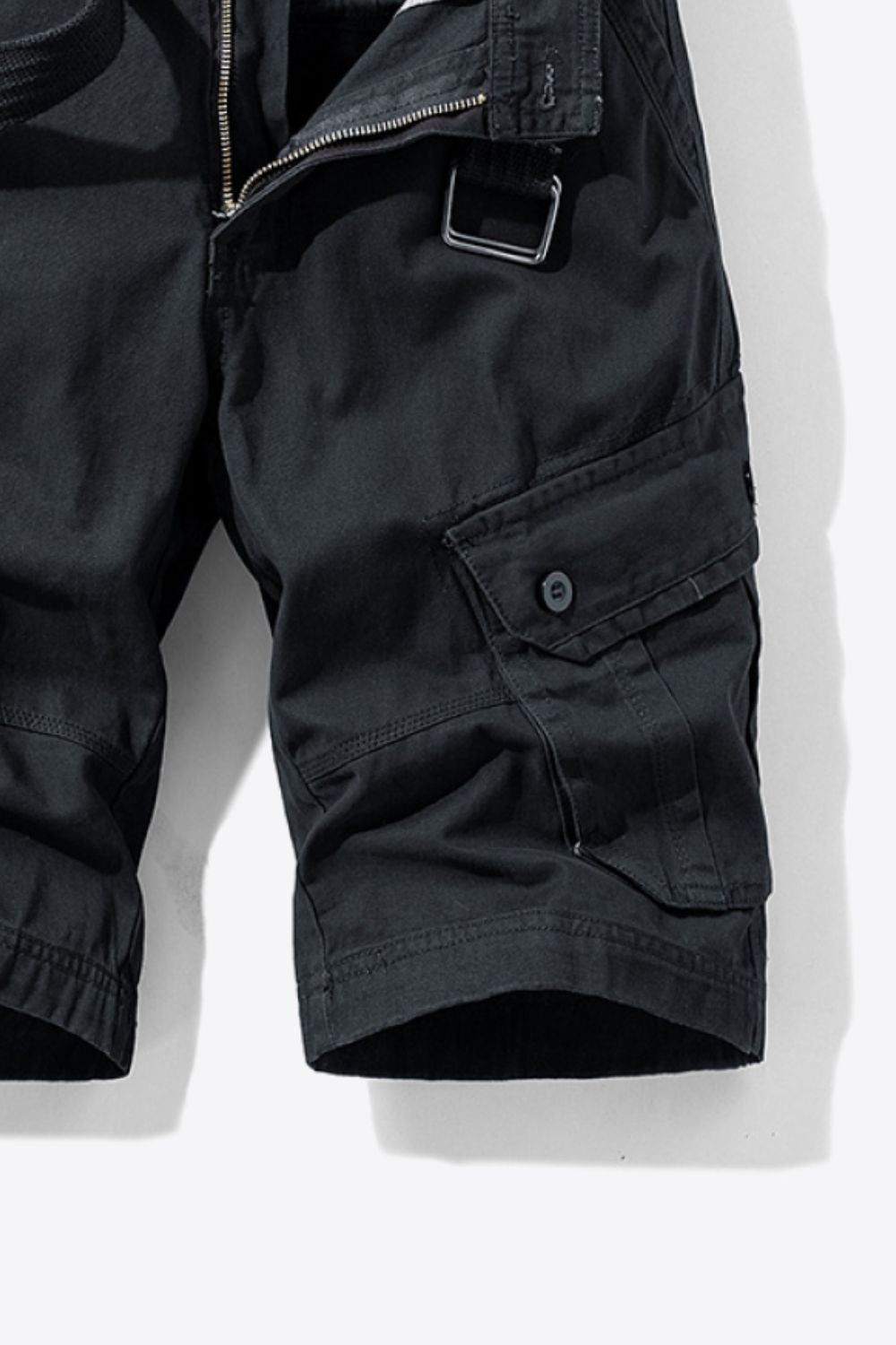 Button and Zip Closure Belted Cargo Shorts