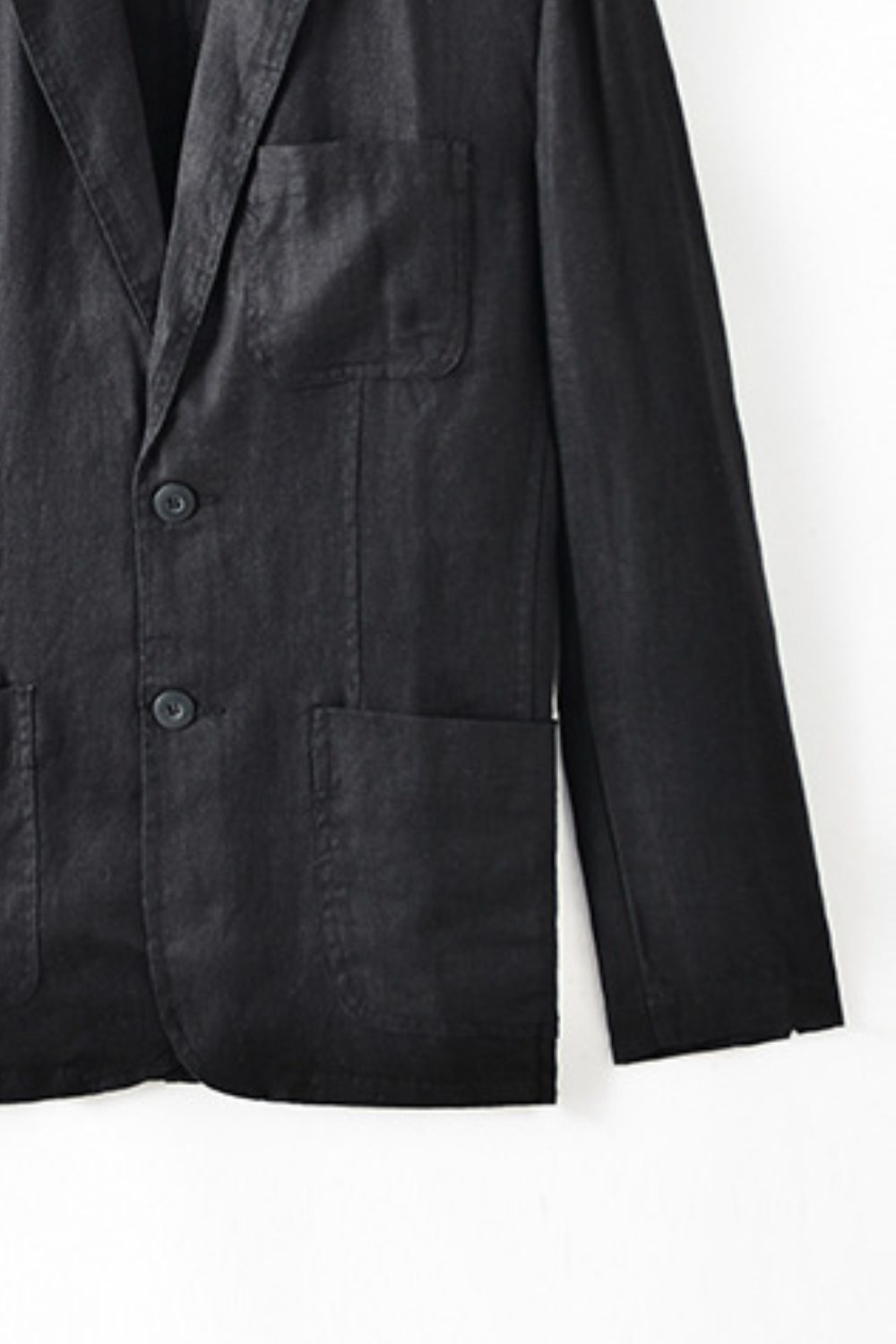 Buttoned Johnny Collar Long Sleeve Linen Blazer with Pockets