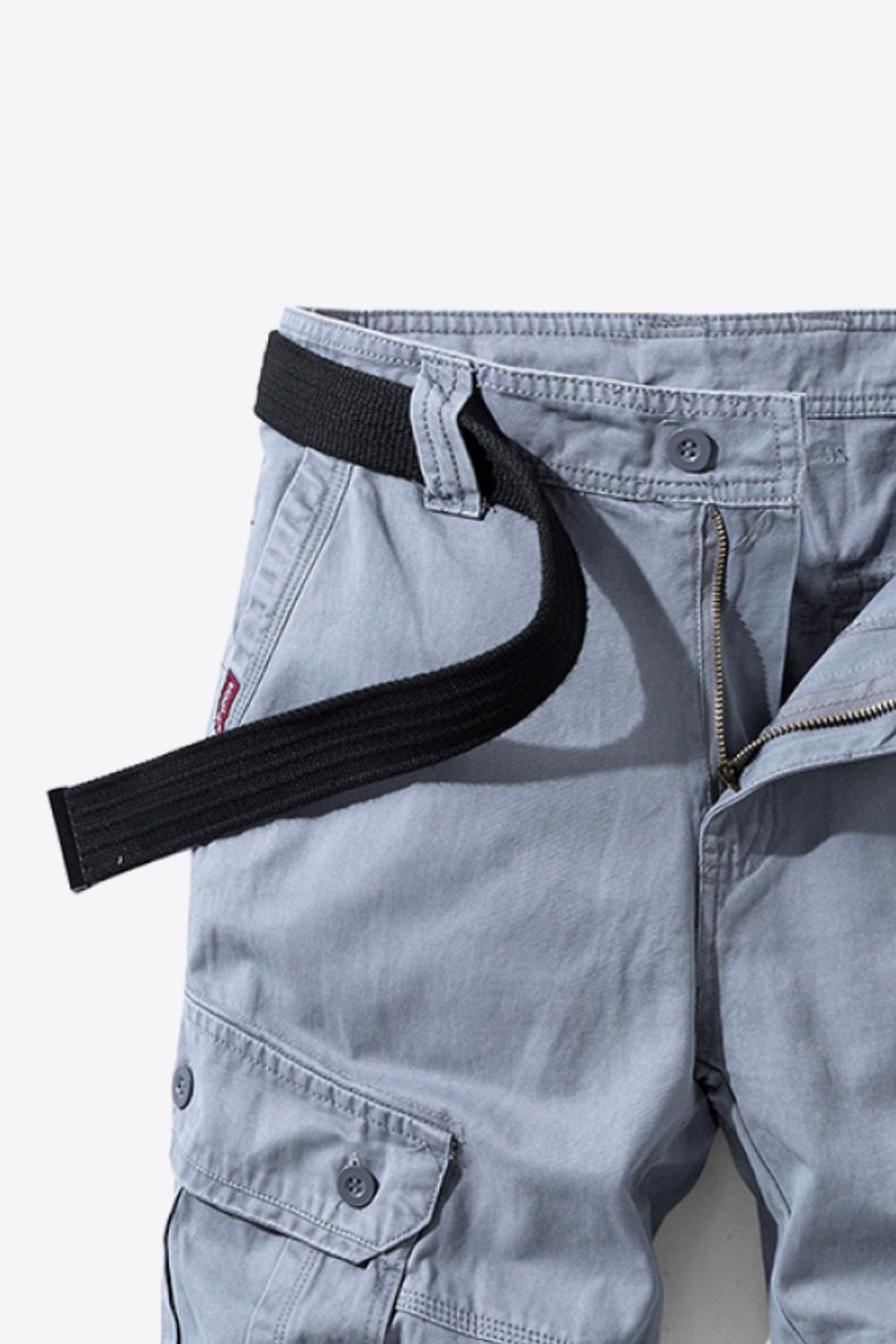 Button and Zip Closure Belted Cargo Shorts