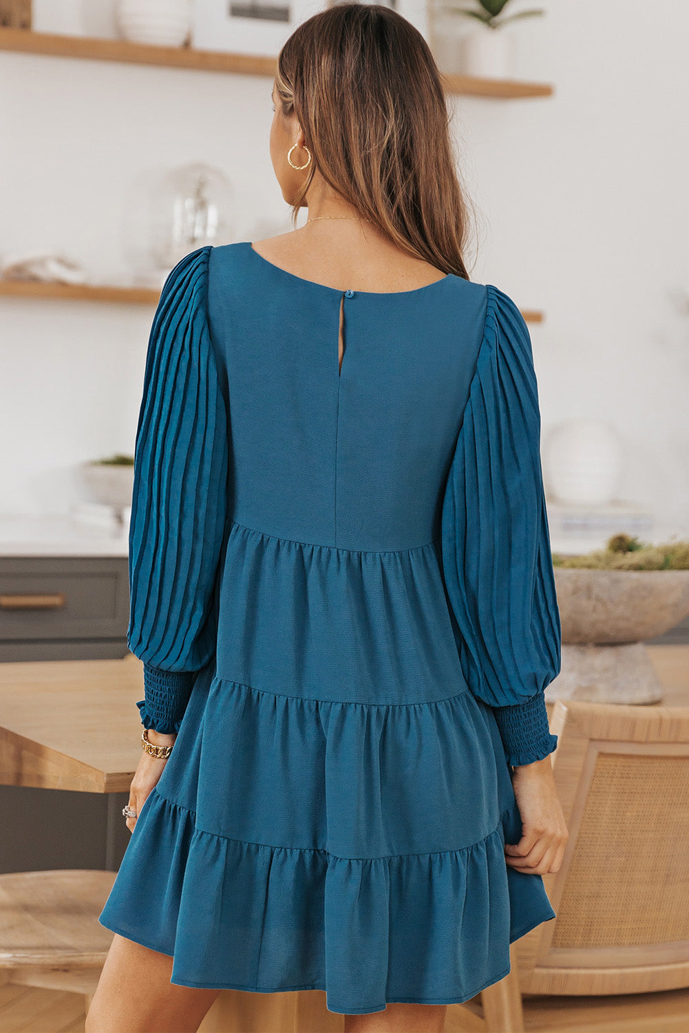 Round Neck Lantern Sleeve Tiered Dress