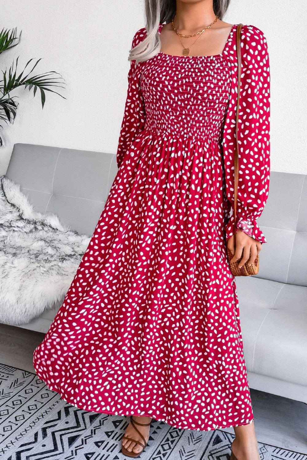 Printed Smocked Flounce Sleeve Maxi Dress