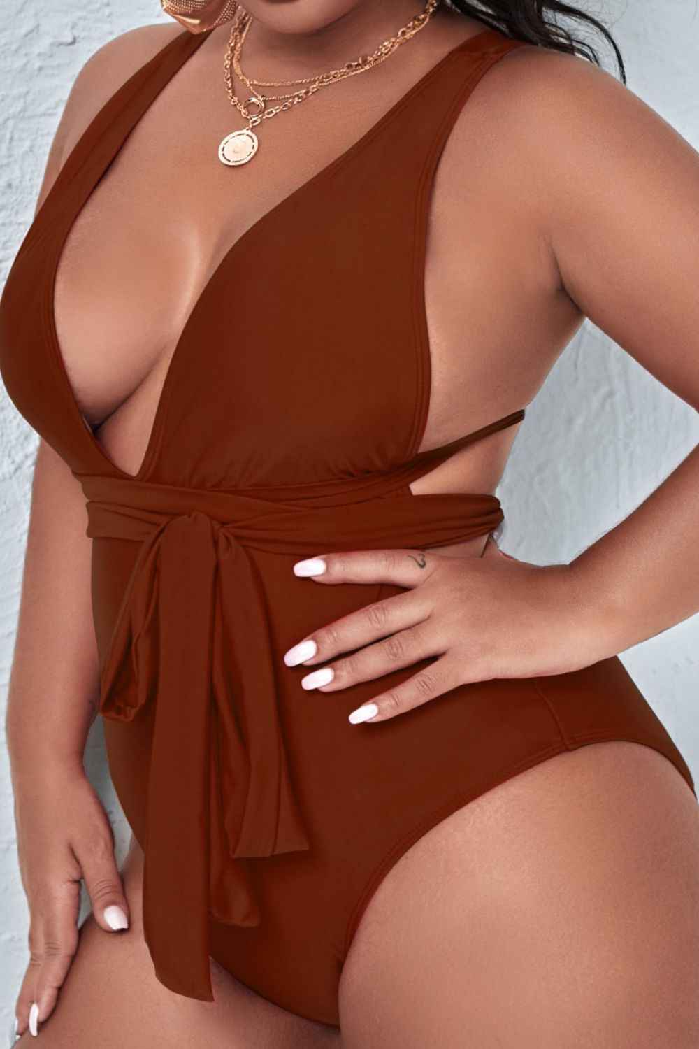 Plus Size Tie Waist Deep V Crisscross Back One-Piece Swimsuit