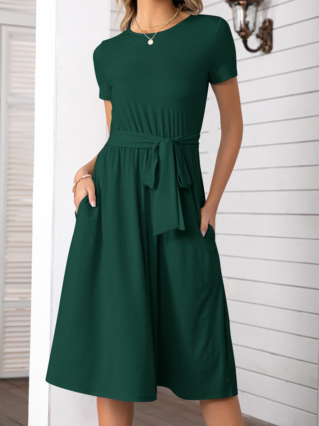 Round Neck Short Sleeve Tie Waist Dress