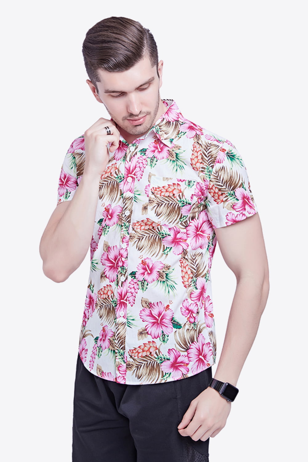 Tropical Pattern Button-Down Vacation Shirt