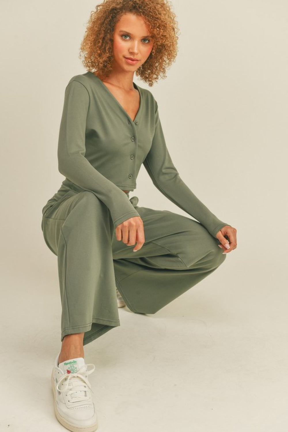 Kimberly C V-Neck Buttoned Top and Wide Waistband Wide Leg Pants Set