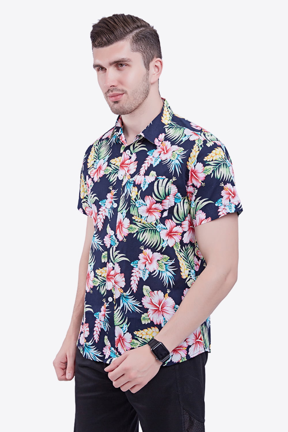 Tropical Pattern Button-Down Vacation Shirt