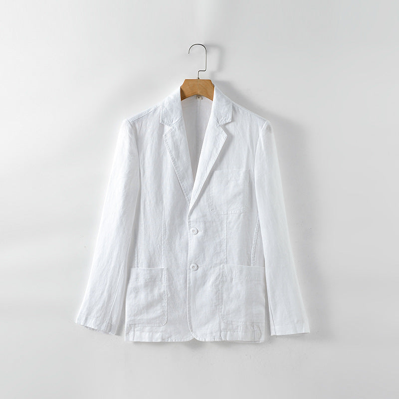 Buttoned Johnny Collar Long Sleeve Linen Blazer with Pockets