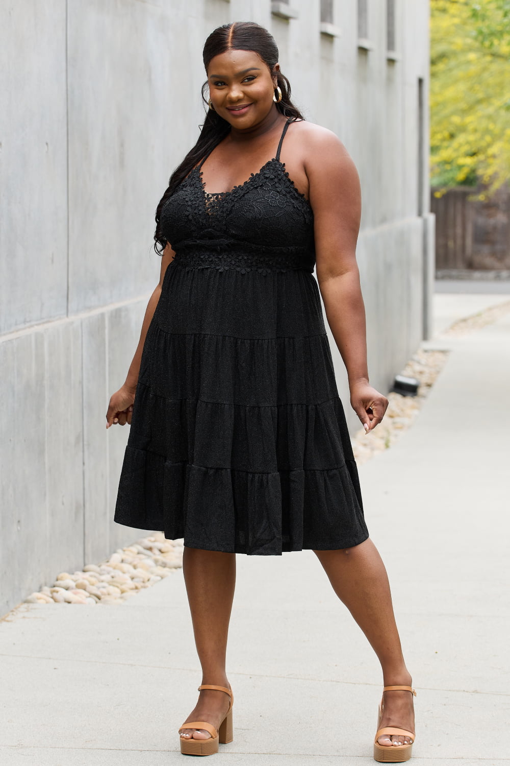 White Birch Full Size Metallic Crochet Lace Detail Midi Dress