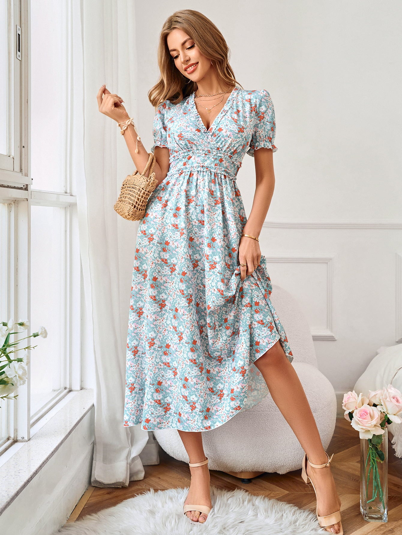 Floral Frill Trim V-Neck Flounce Sleeve Dress