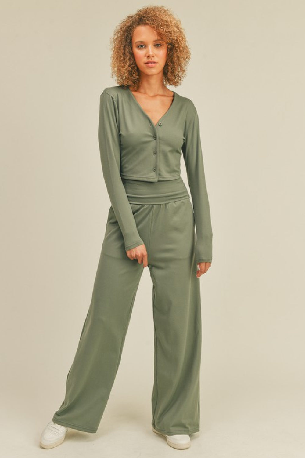 Kimberly C V-Neck Buttoned Top and Wide Waistband Wide Leg Pants Set