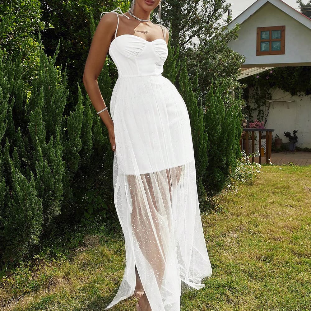 Tie-Shoulder Sweetheart Neck Mesh Dress