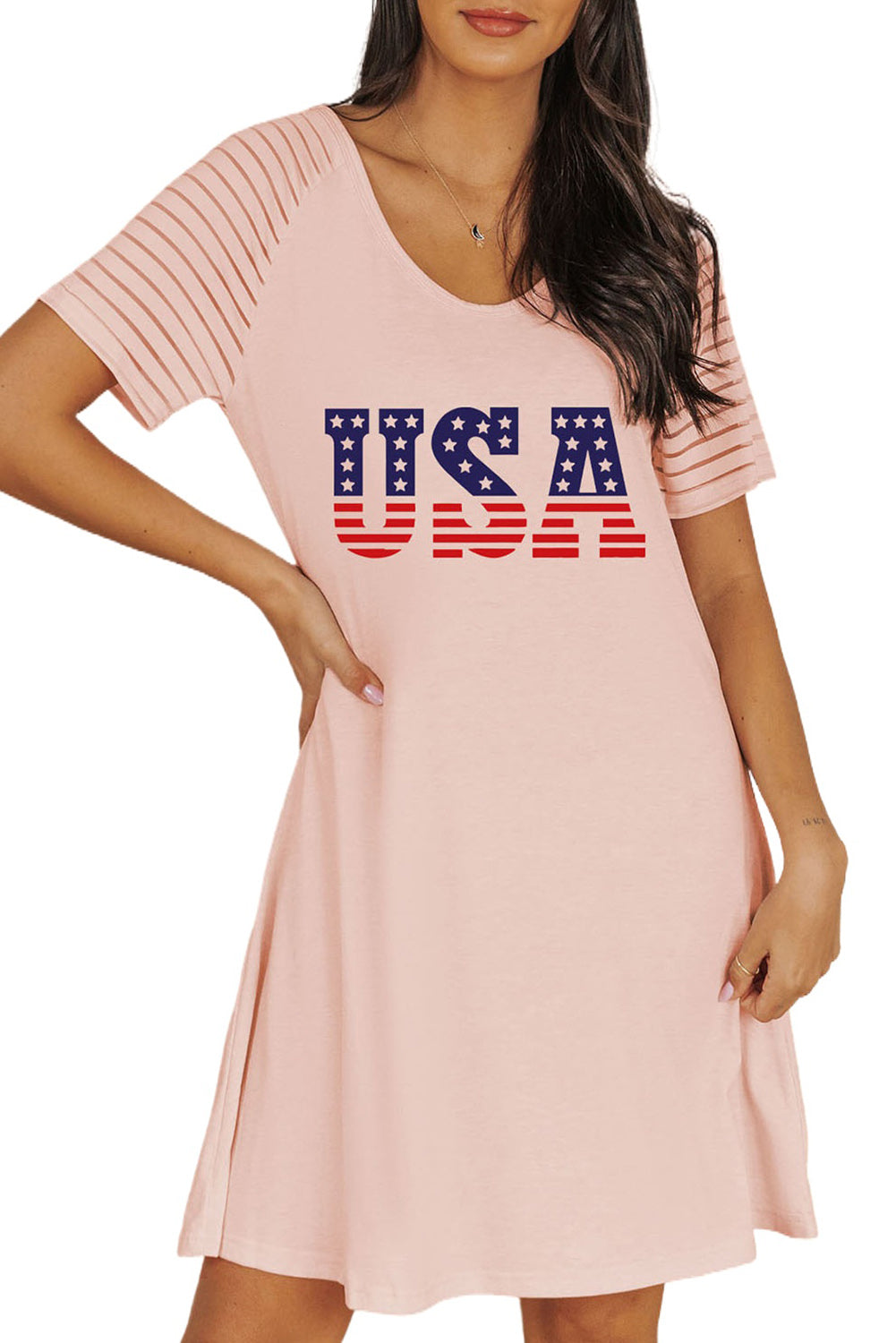 USA Sheer Striped Raglan Sleeve Tee Dress
