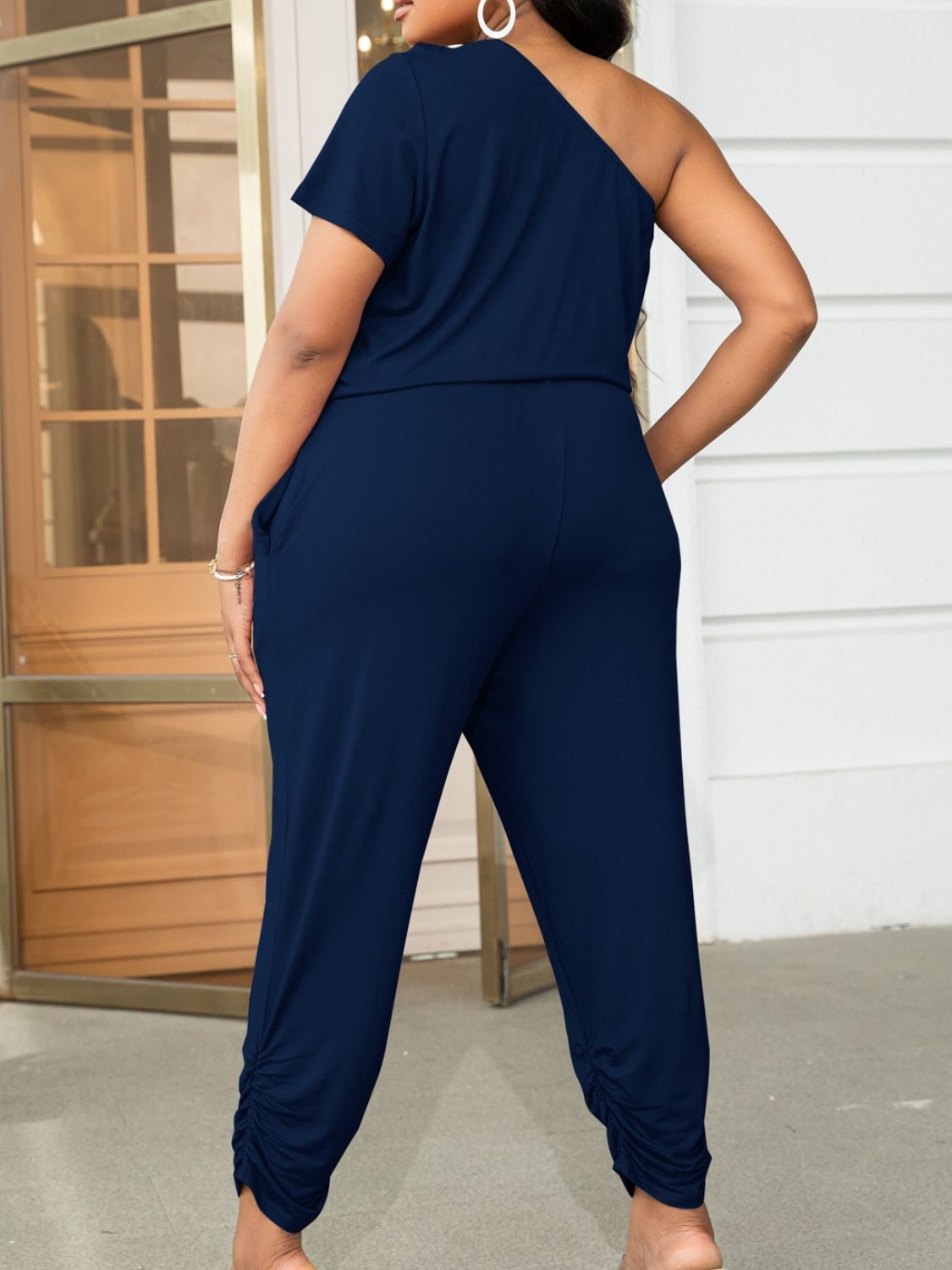 Plus Size One-Shoulder Short Sleeve Drawstring Waist Jumpsuit