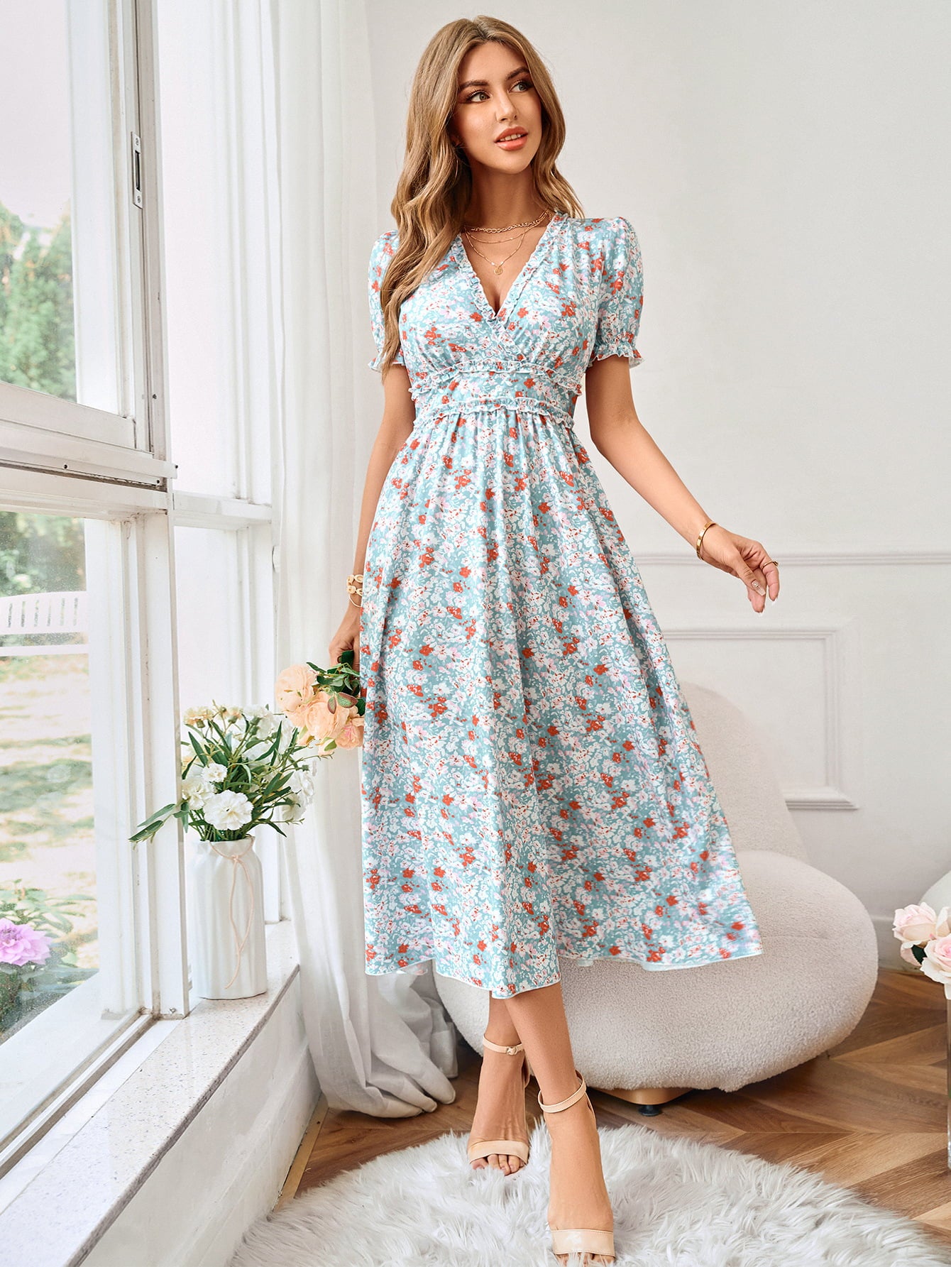 Floral Frill Trim V-Neck Flounce Sleeve Dress