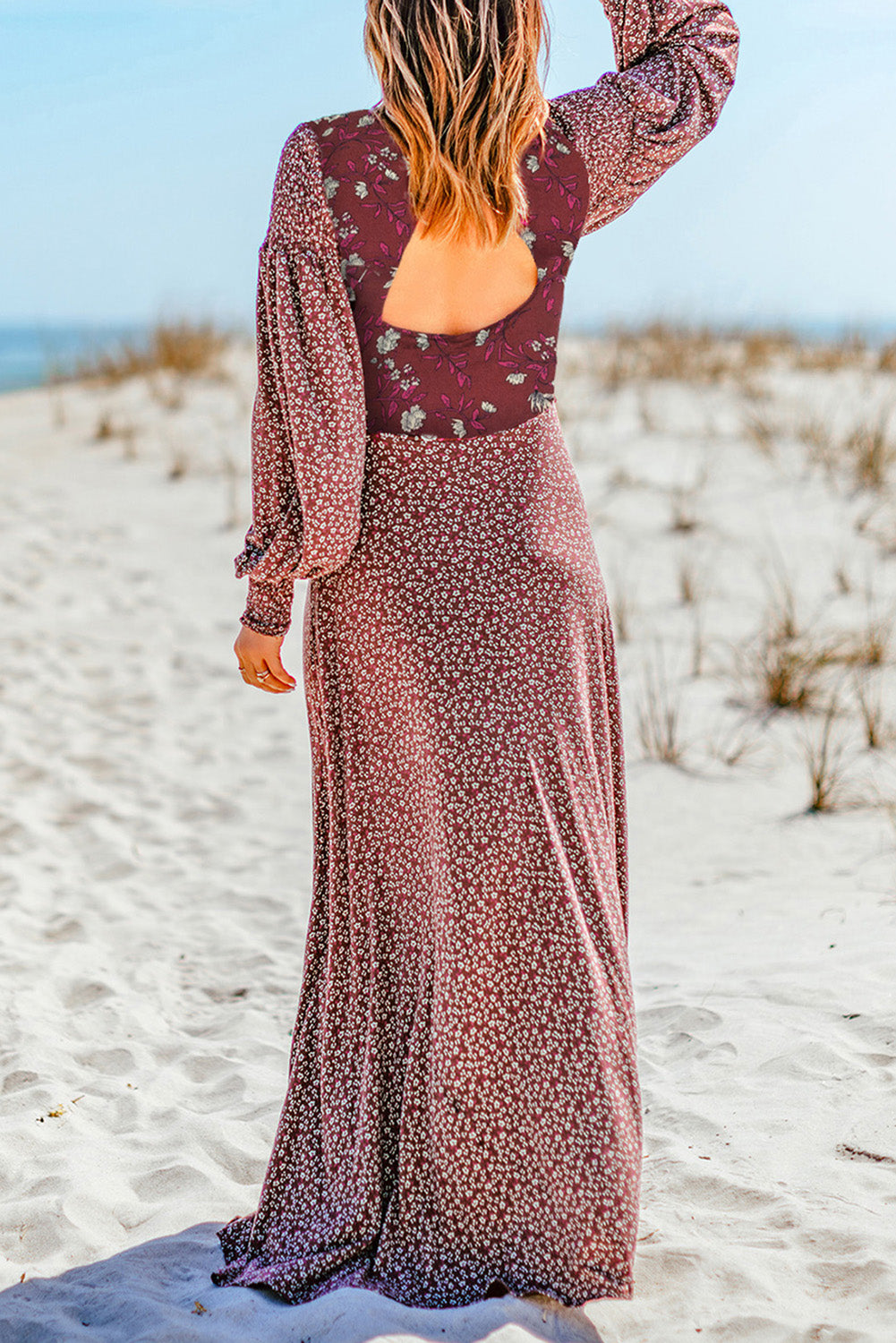 Floral Spliced Lantern Sleeve Maxi Dress