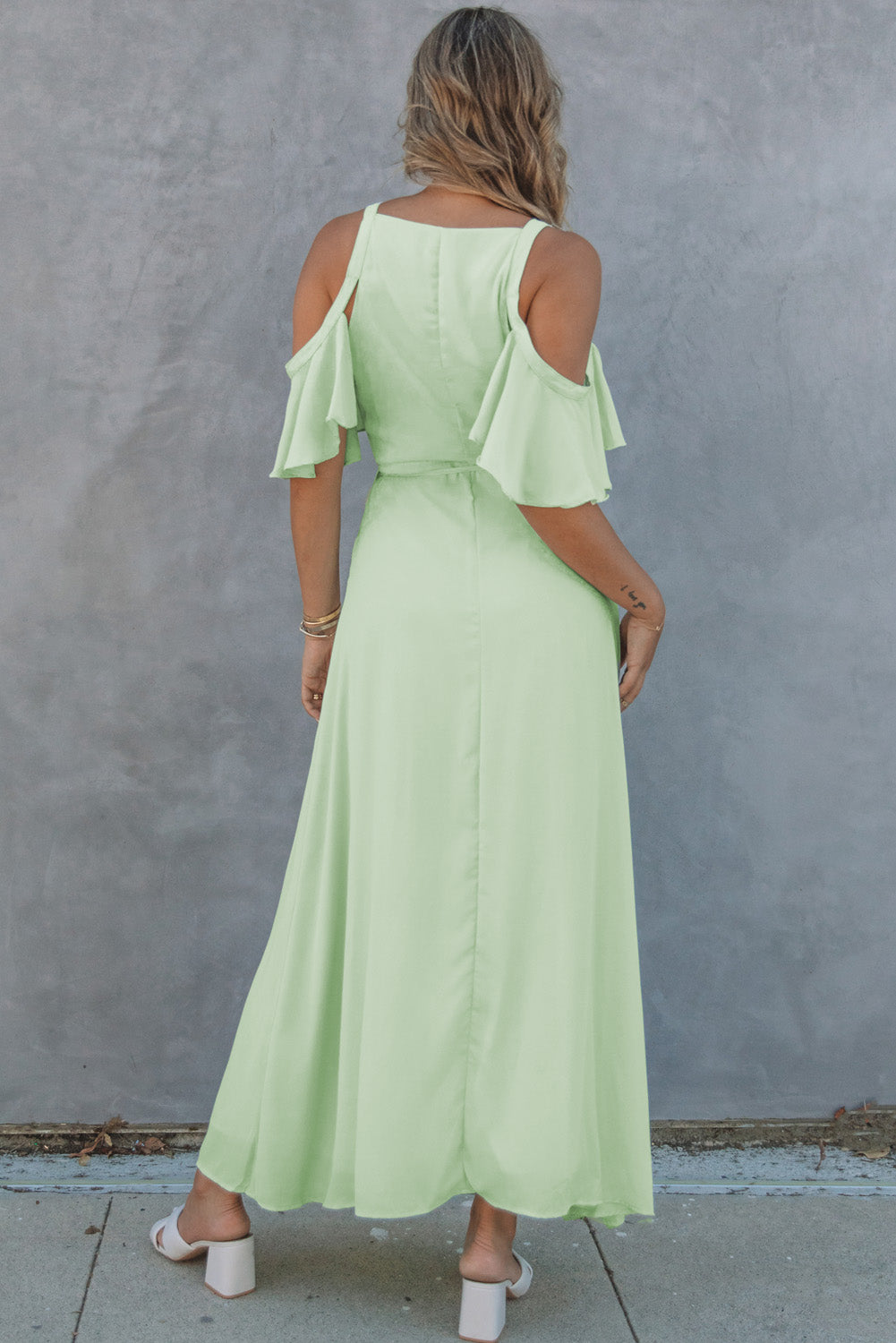 Cold Shoulder Flutter Sleeve Surplice Maxi Dress