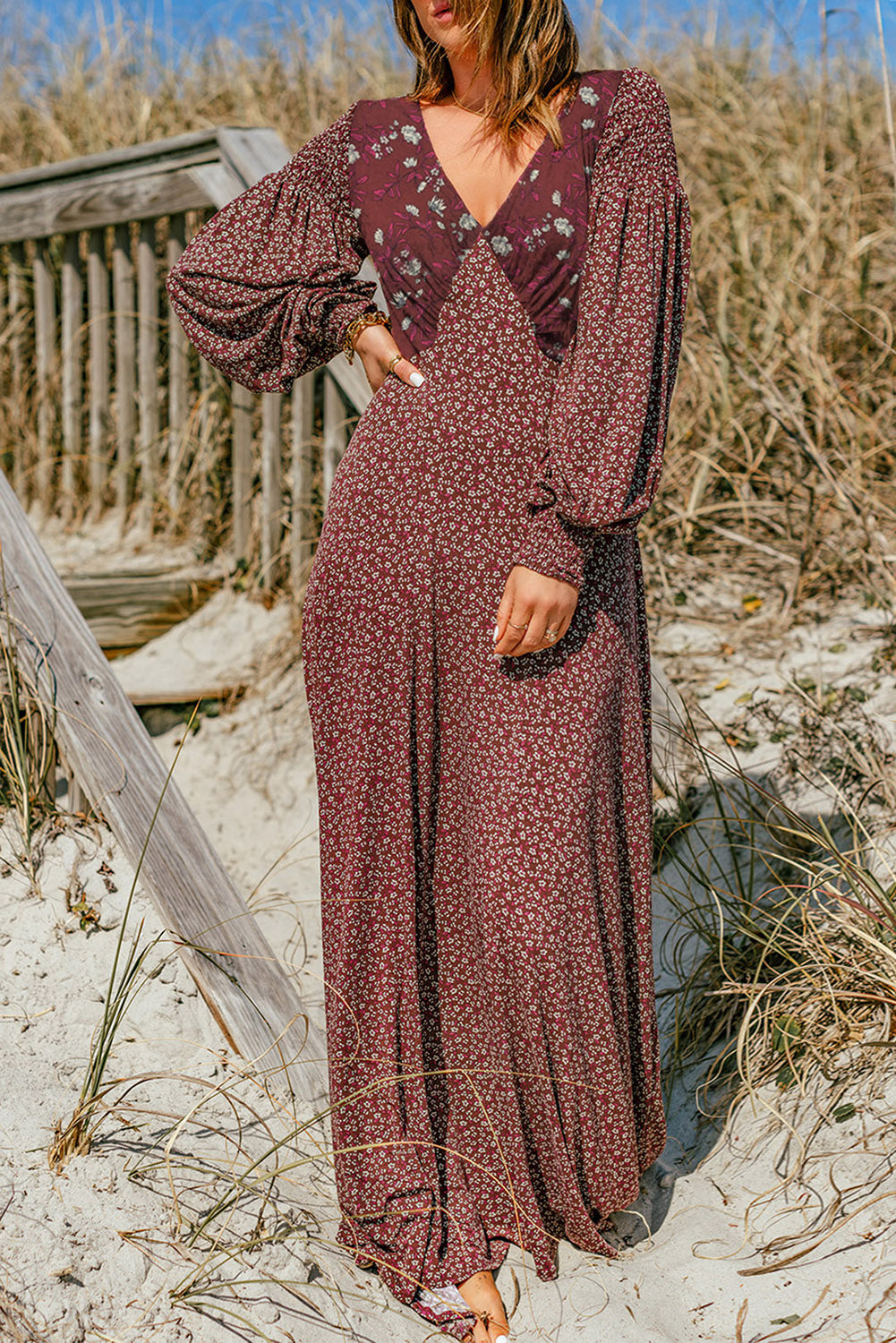 Floral Spliced Lantern Sleeve Maxi Dress