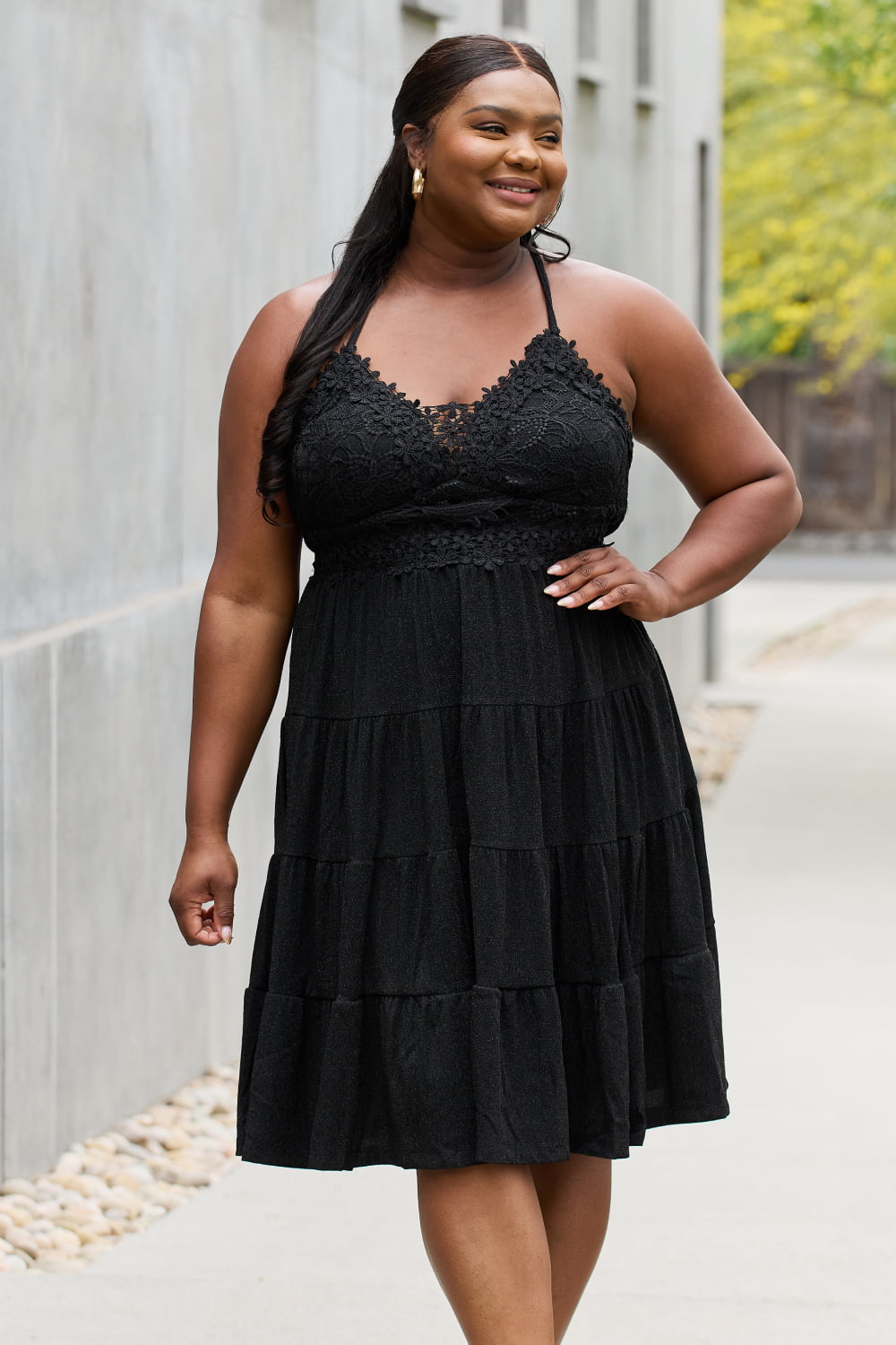 White Birch Full Size Metallic Crochet Lace Detail Midi Dress