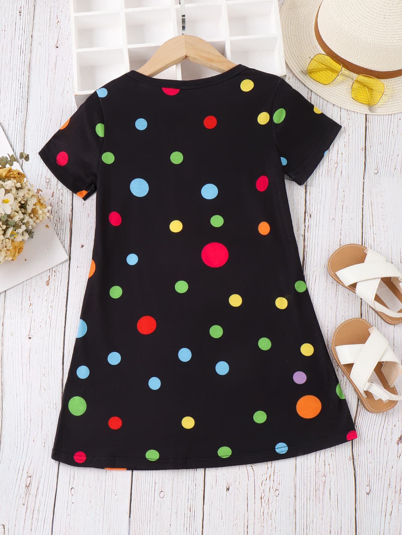 Girls Floral Polka Dot Round Neck Dress