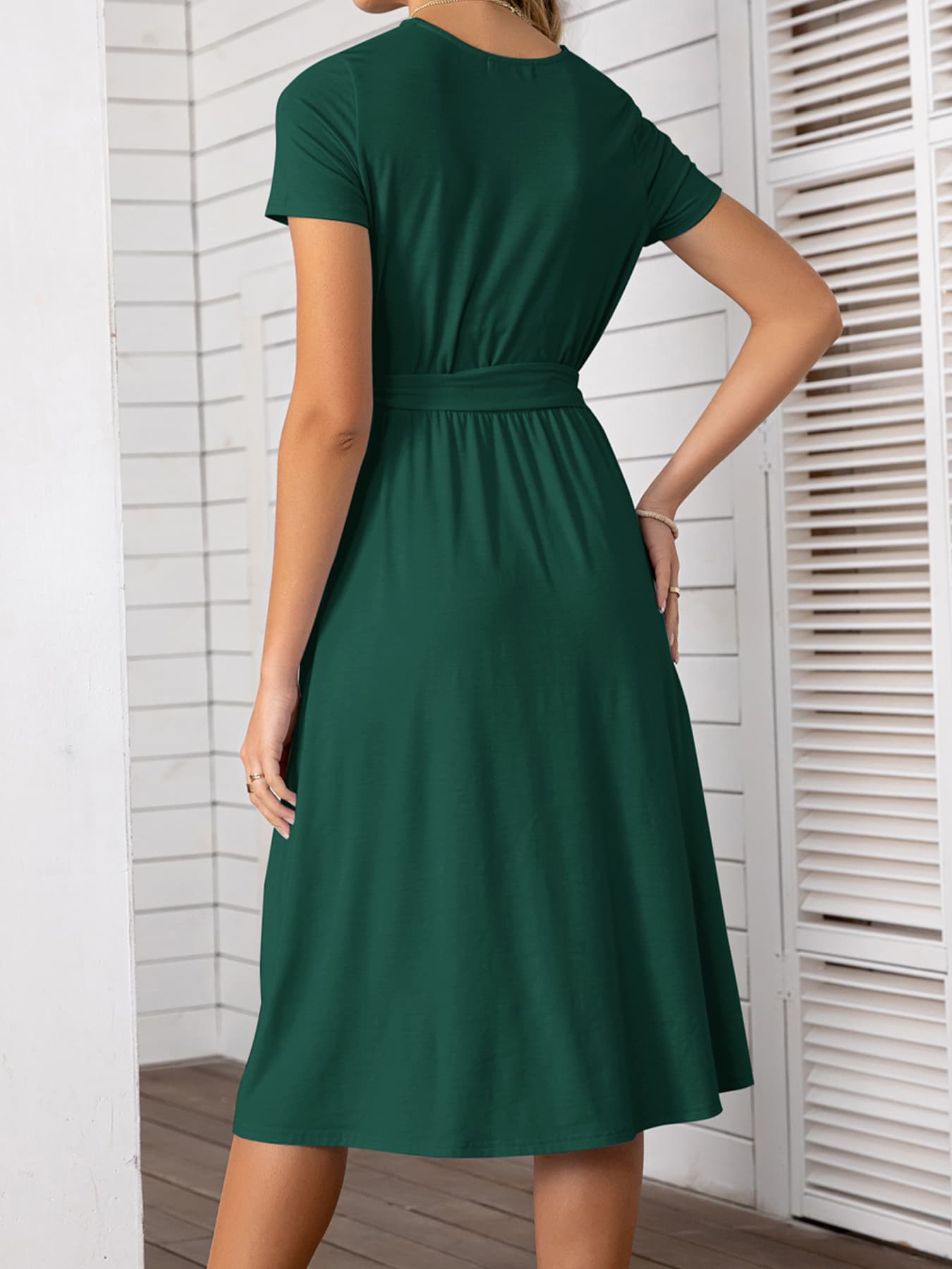 Round Neck Short Sleeve Tie Waist Dress