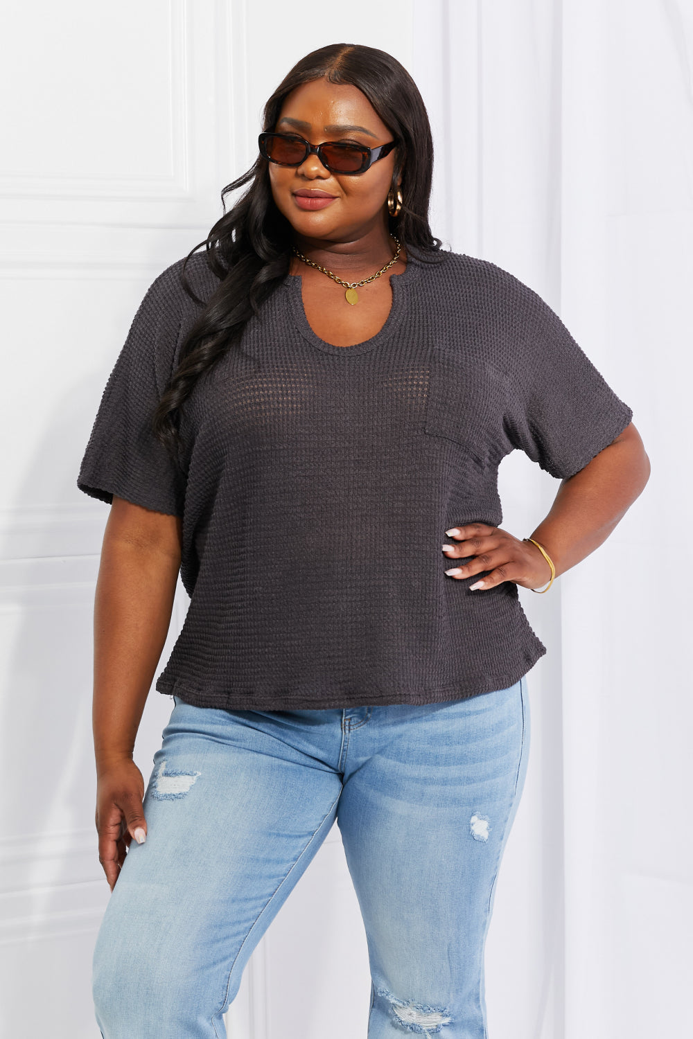 Zenana Full Size Spring It On Keyhole Jacquard Sweater in Gray