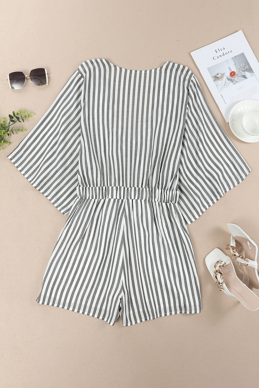 Striped Tie Front Plunge Romper
