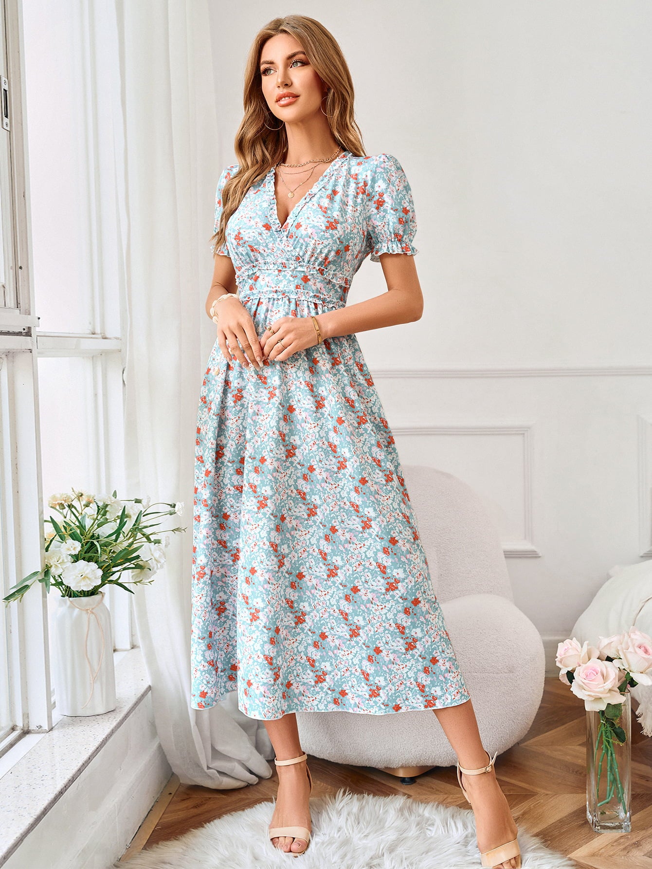 Floral Frill Trim V-Neck Flounce Sleeve Dress