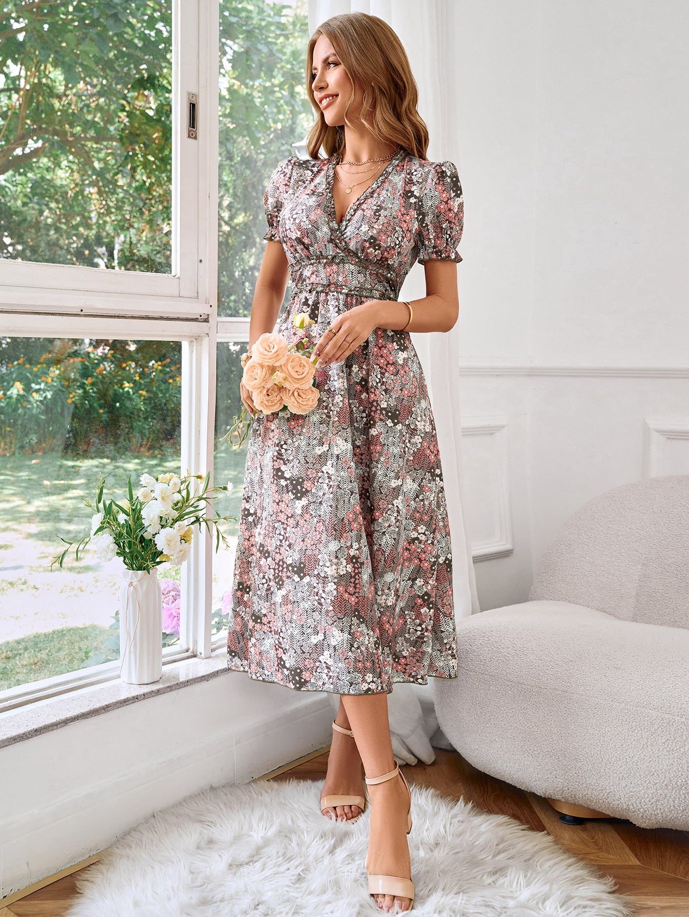 Floral Frill Trim V-Neck Flounce Sleeve Dress