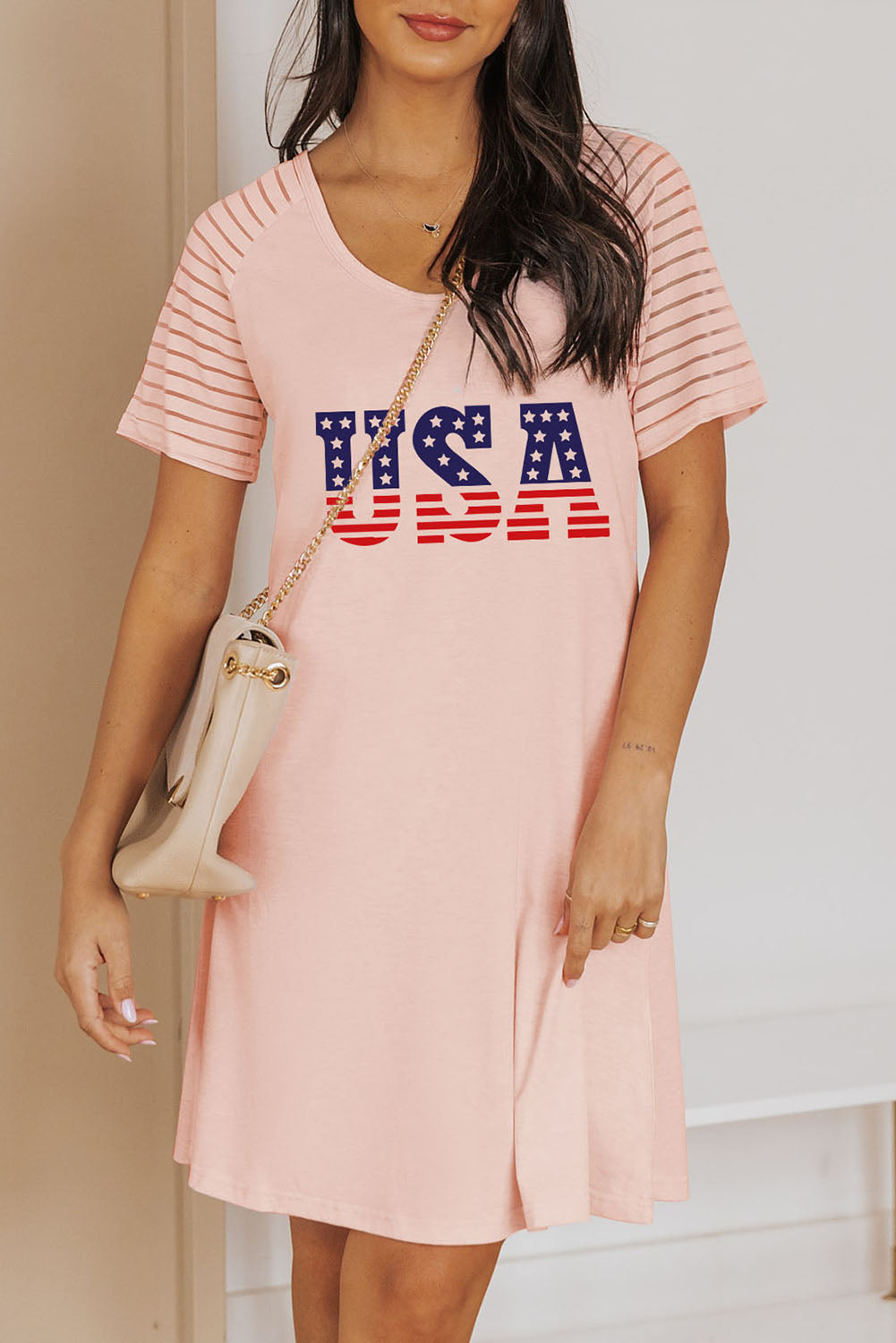 USA Sheer Striped Raglan Sleeve Tee Dress