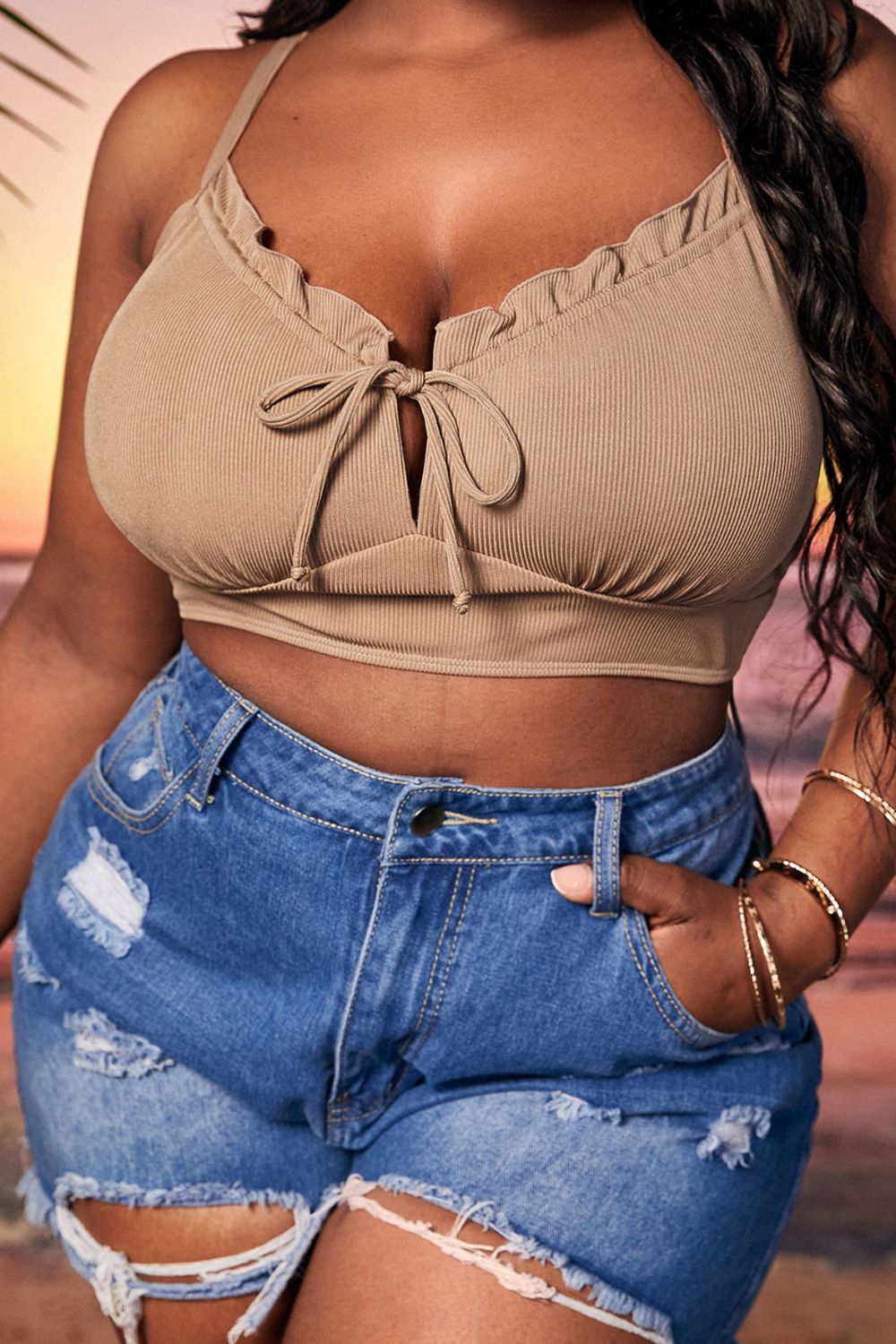 Plus Size Frilled Tie-Front Cropped Swim Top