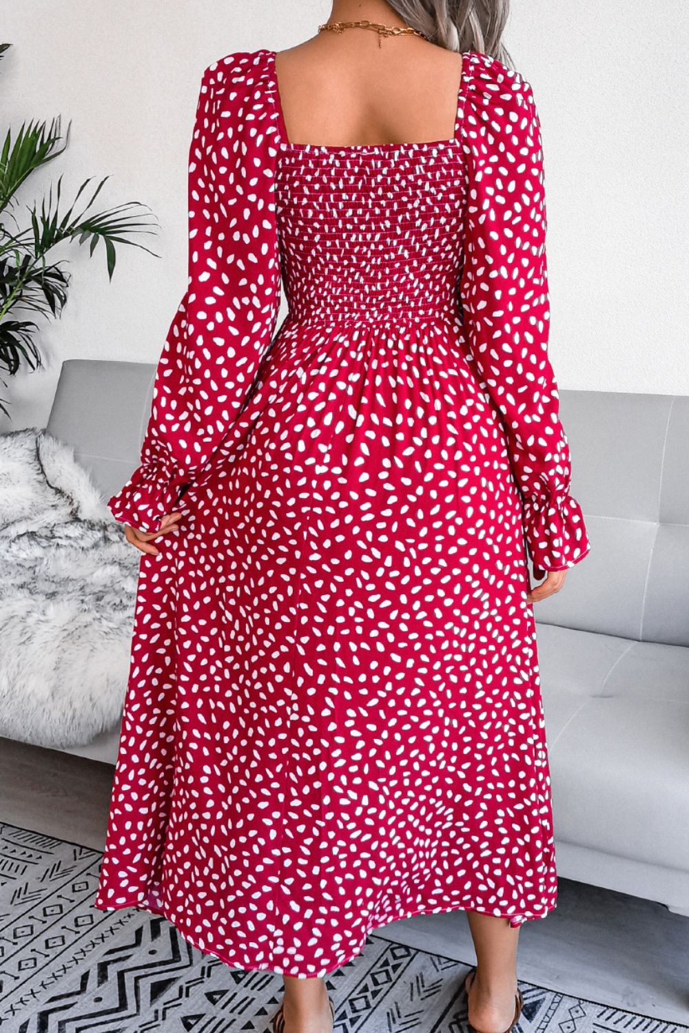 Printed Smocked Flounce Sleeve Maxi Dress