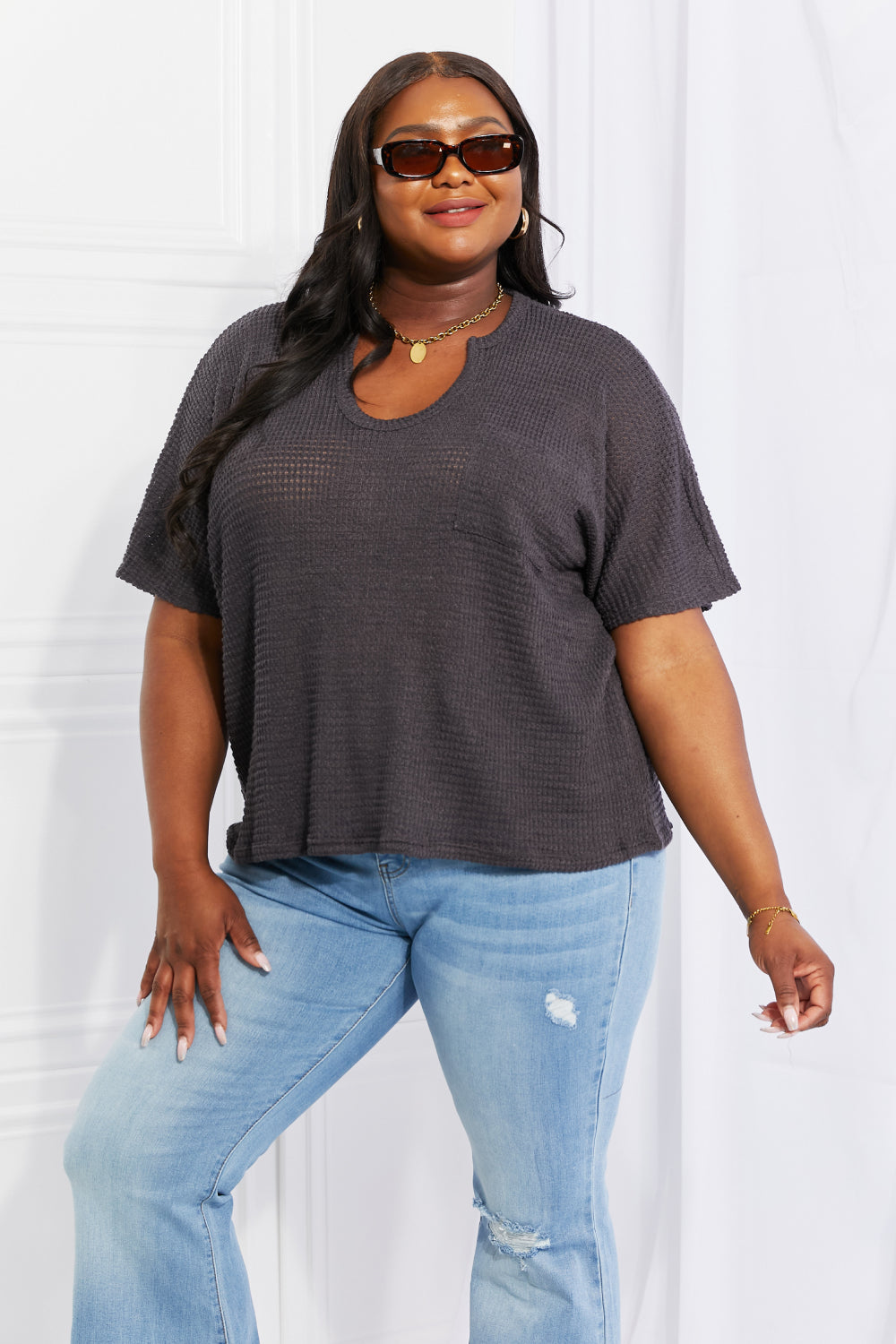 Zenana Full Size Spring It On Keyhole Jacquard Sweater in Gray