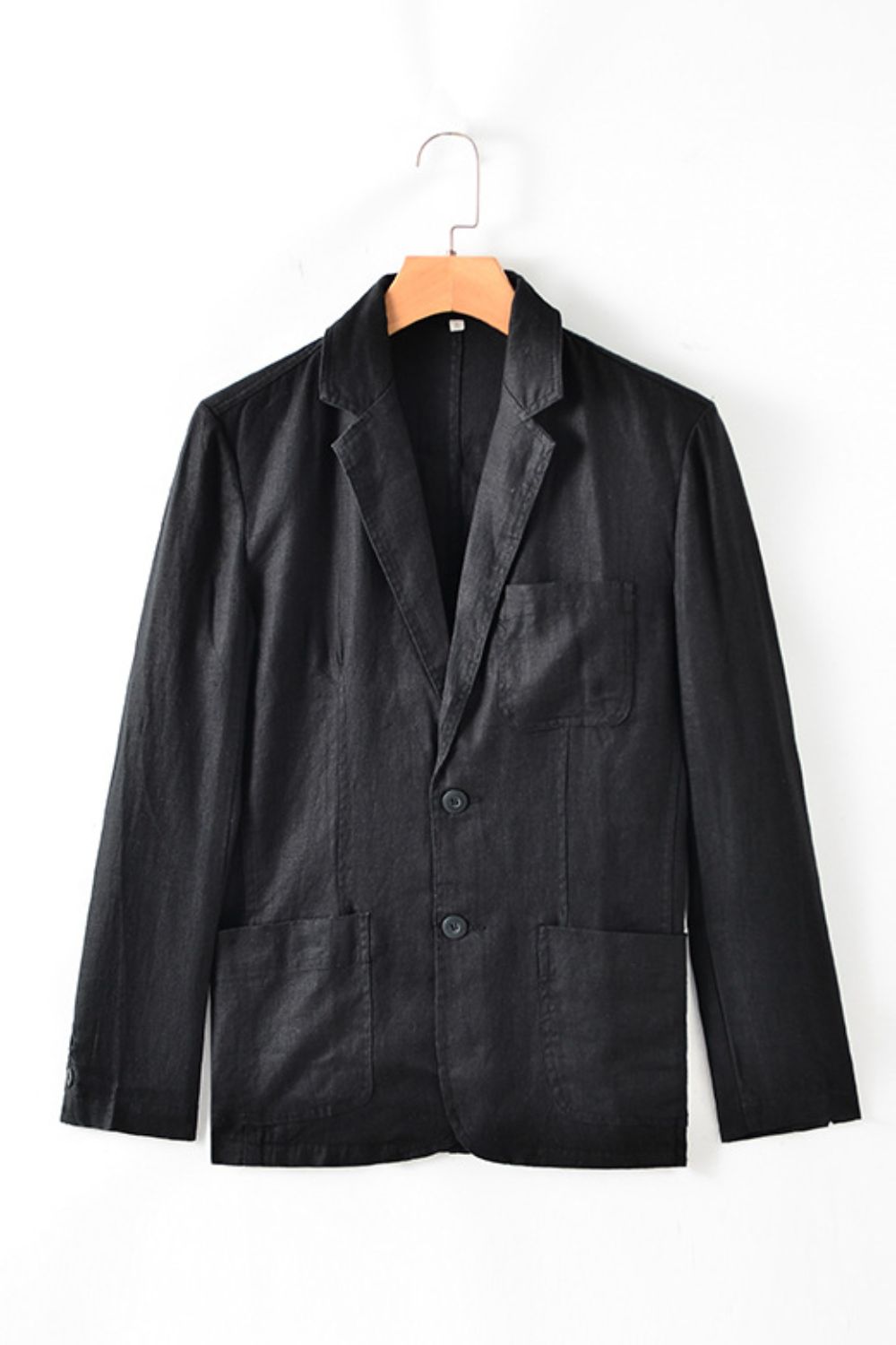 Buttoned Johnny Collar Long Sleeve Linen Blazer with Pockets
